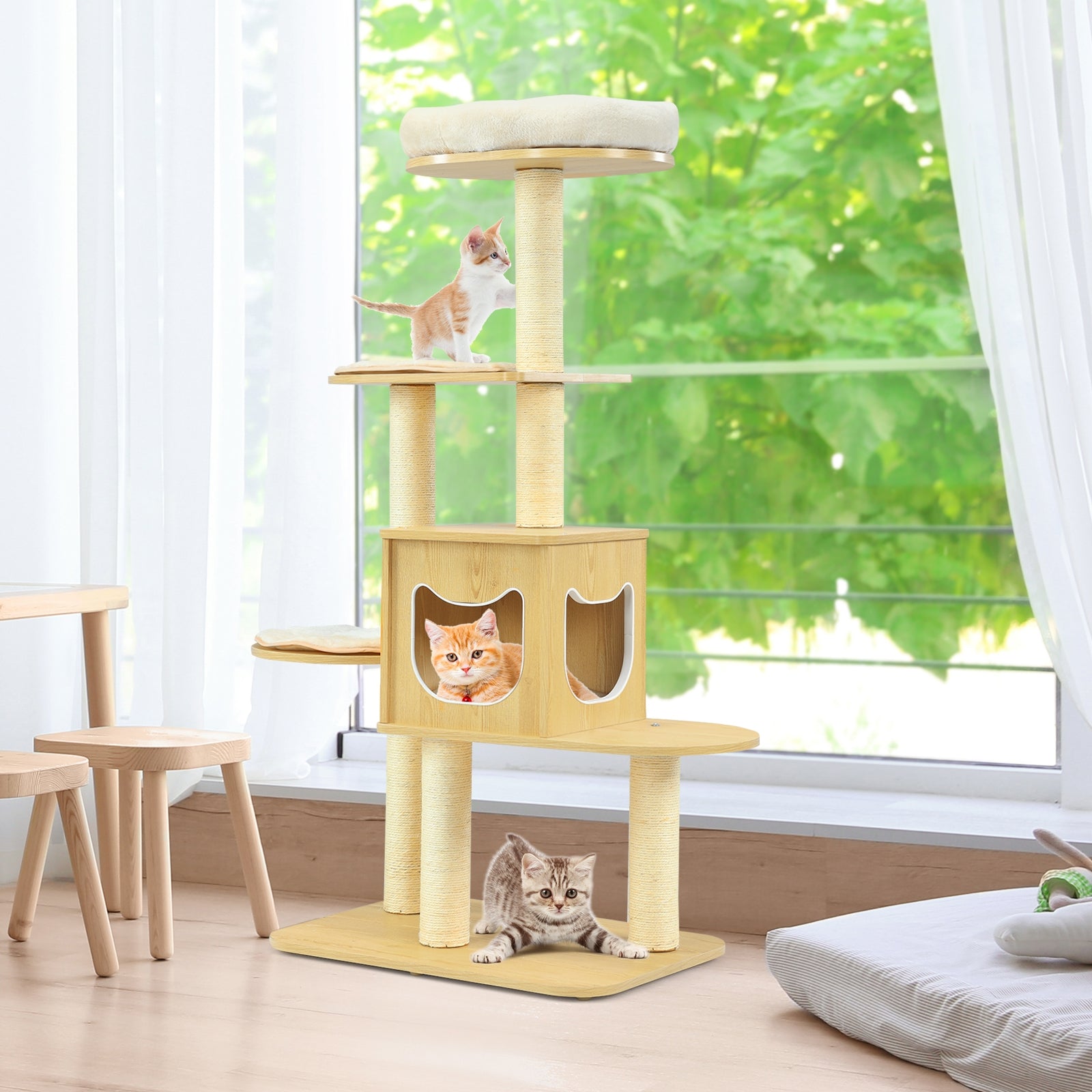 4 Levels Modern Wood Cat Tower with Washable Mats-Walnut