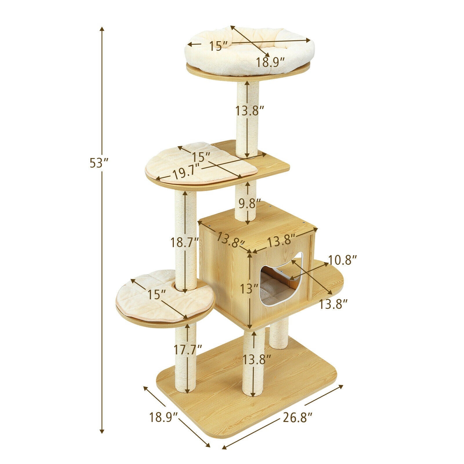 4 Levels Modern Wood Cat Tower with Washable Mats-Walnut