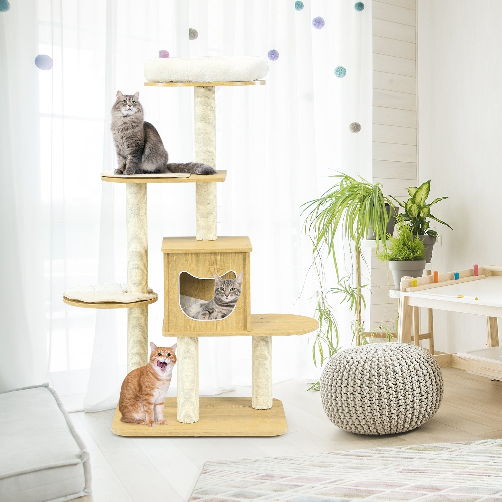 4 Levels Modern Wood Cat Tower with Washable Mats-Walnut 