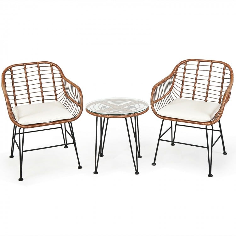 3 Pieces Patio Rattan Bistro Set with Cushion-White