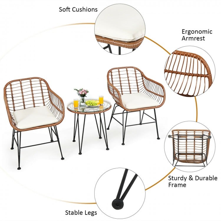 3 Pieces Patio Rattan Bistro Set with Cushion-White