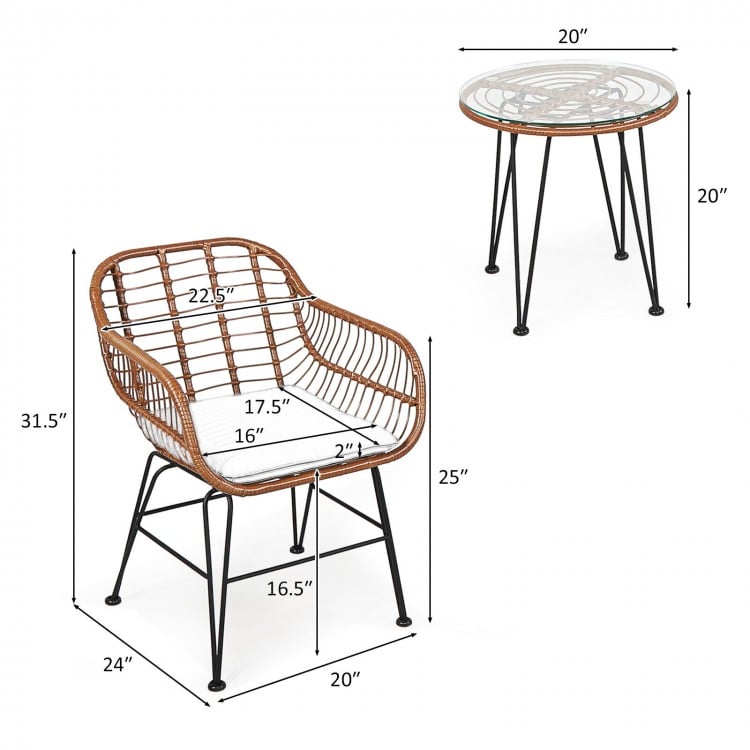 3 Pieces Patio Rattan Bistro Set with Cushion-White