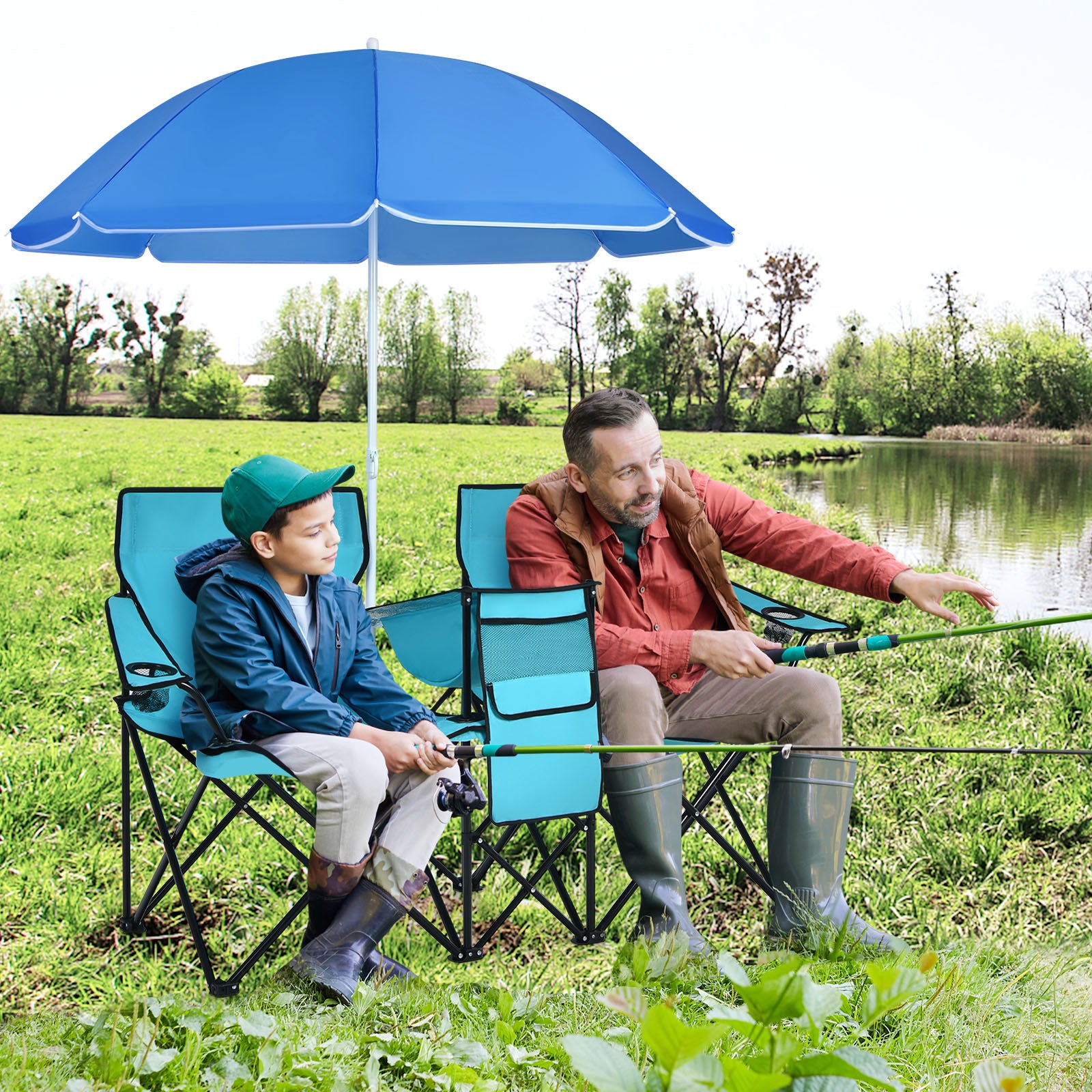 Portable Folding Picnic Double Chair With Umbrella-Turquoise