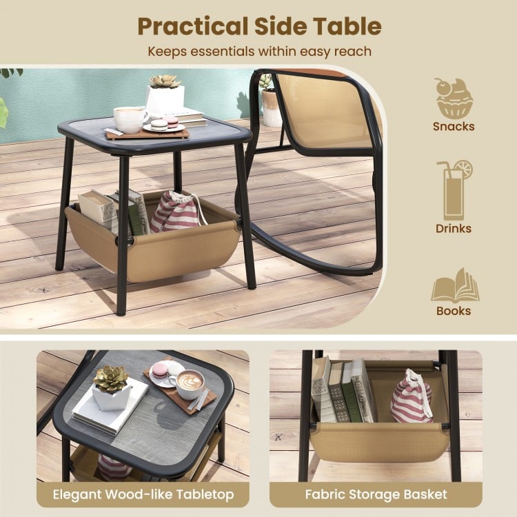 3 Piece Rocking Bistro Chairs and Side Table Set with Storage Bag-Brown