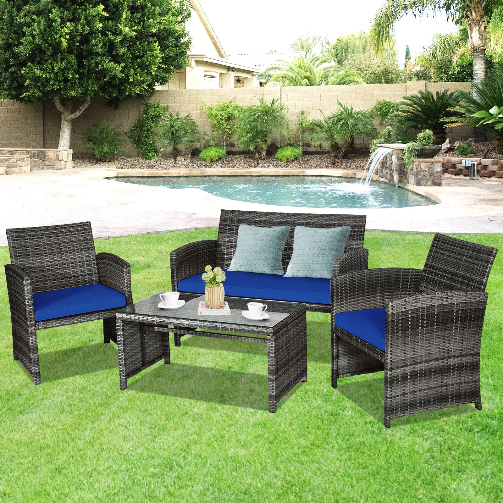 4 Pieces Patio Rattan Furniture Set with Glass Table and Loveseat-Navy 