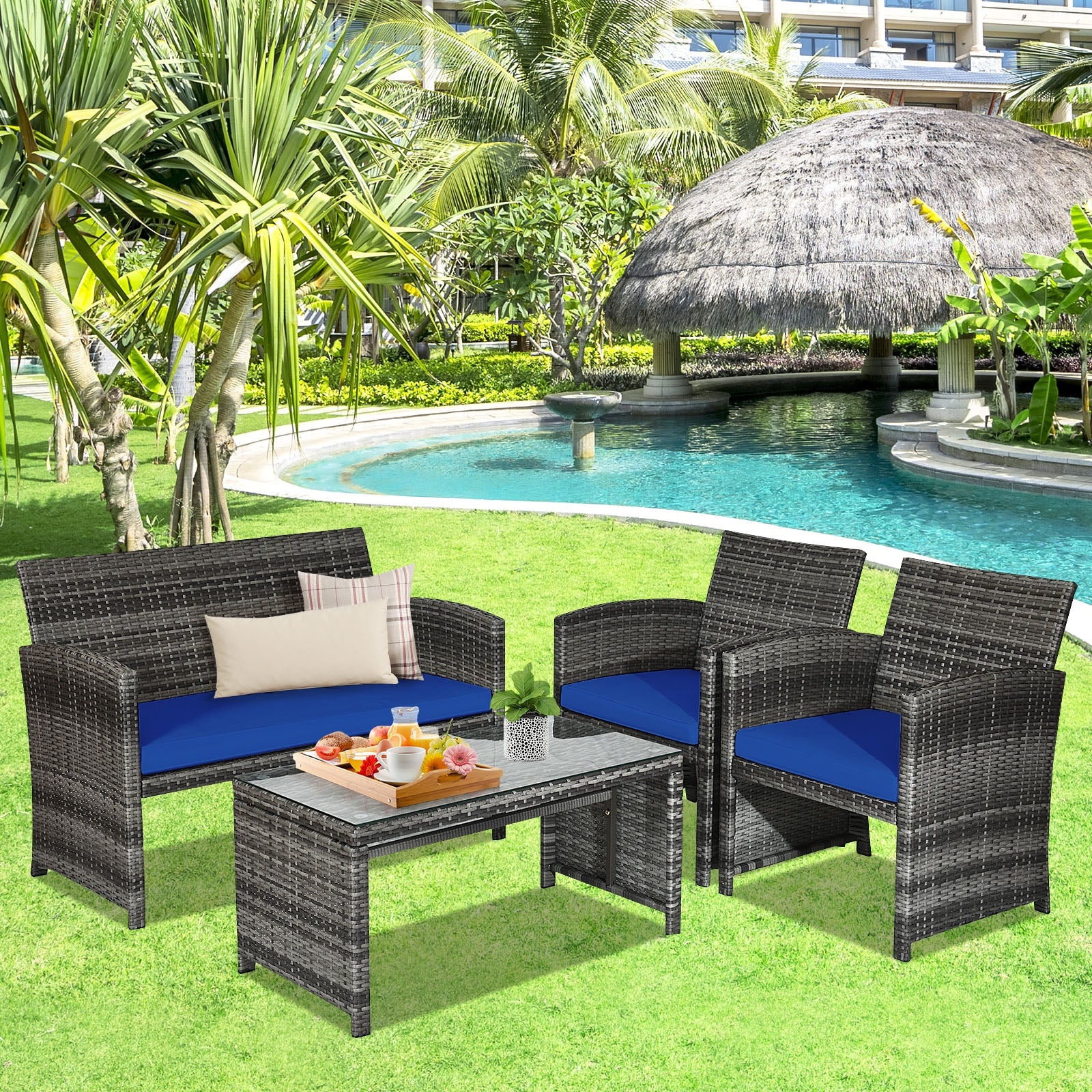 4 Pieces Patio Rattan Furniture Set with Glass Table and Loveseat-Navy 