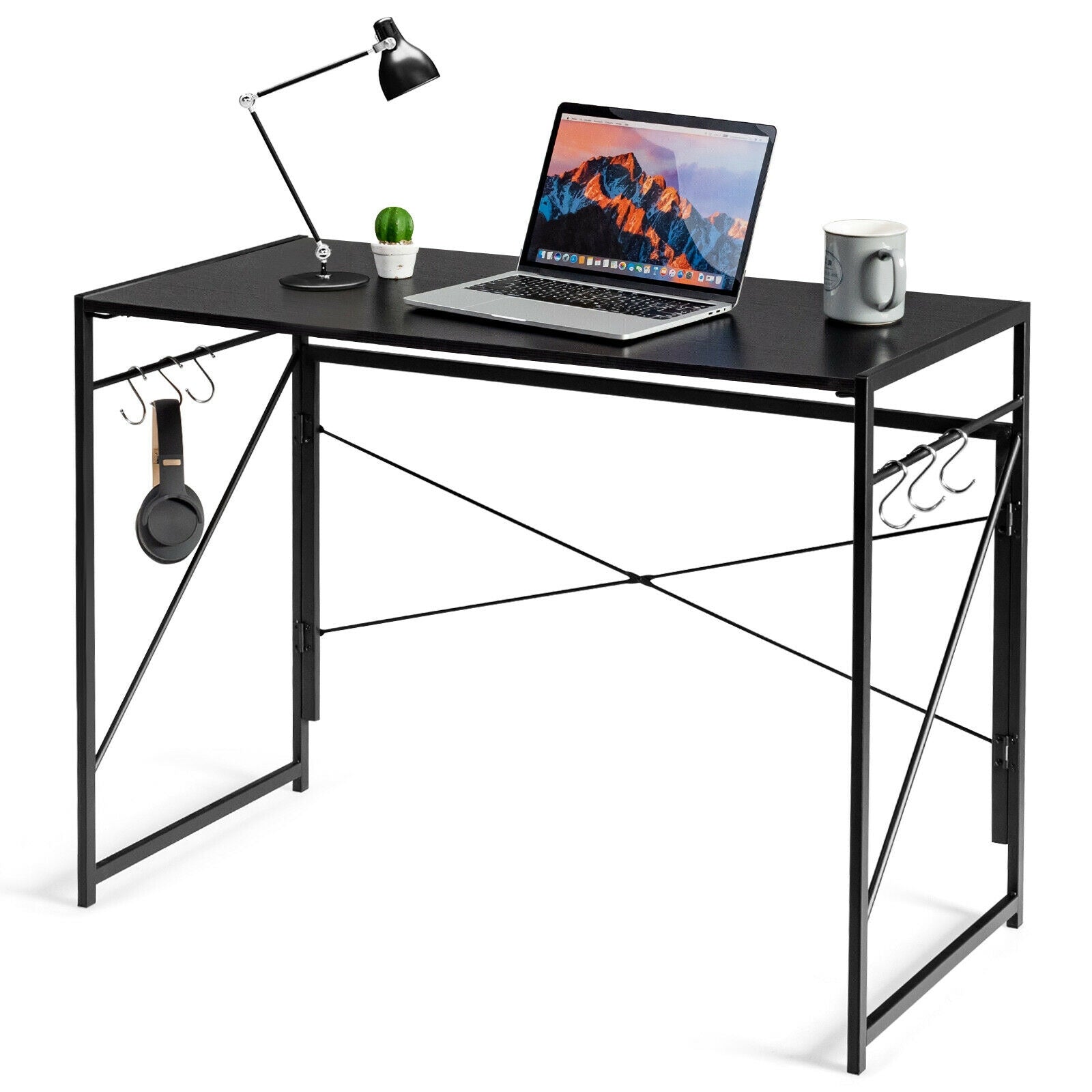 Folding Computer Desk Writing Study Desk Home Office with 6 Hooks-Black