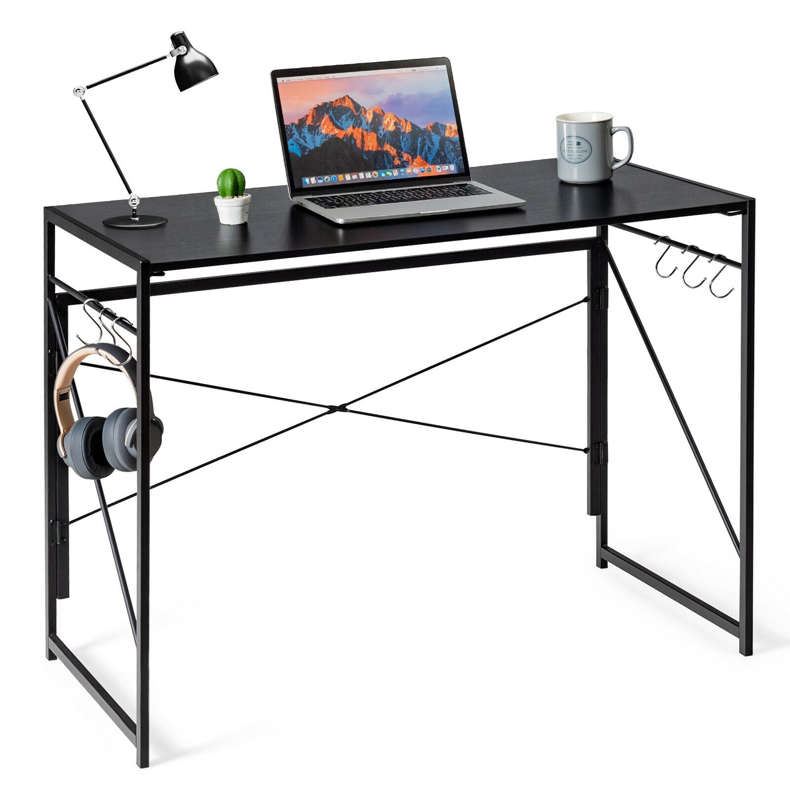 Folding Computer Desk Writing Study Desk Home Office with 6 Hooks-Black