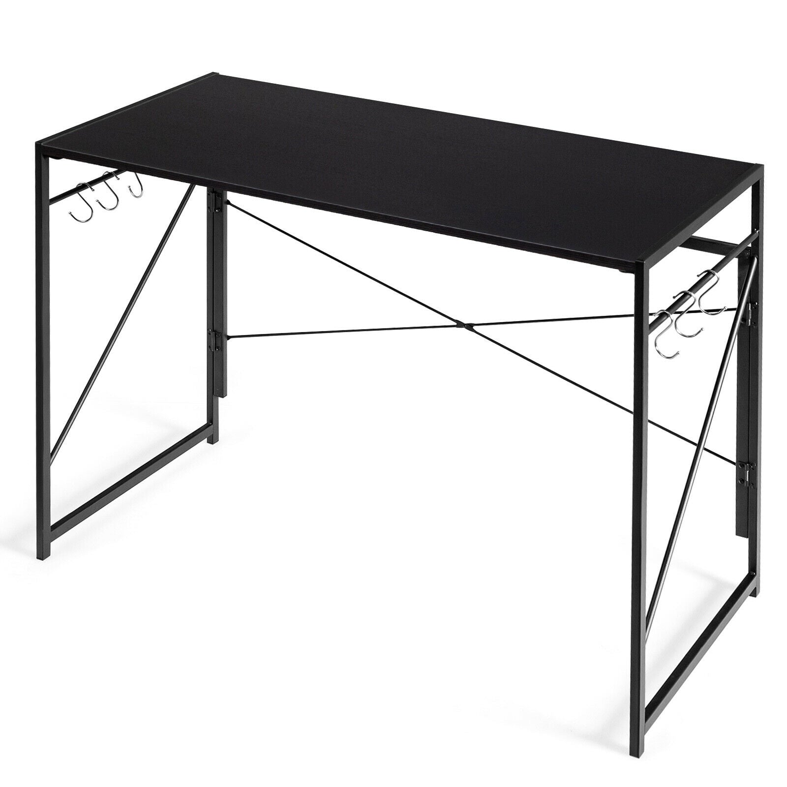 Folding Computer Desk Writing Study Desk Home Office with 6 Hooks-Black