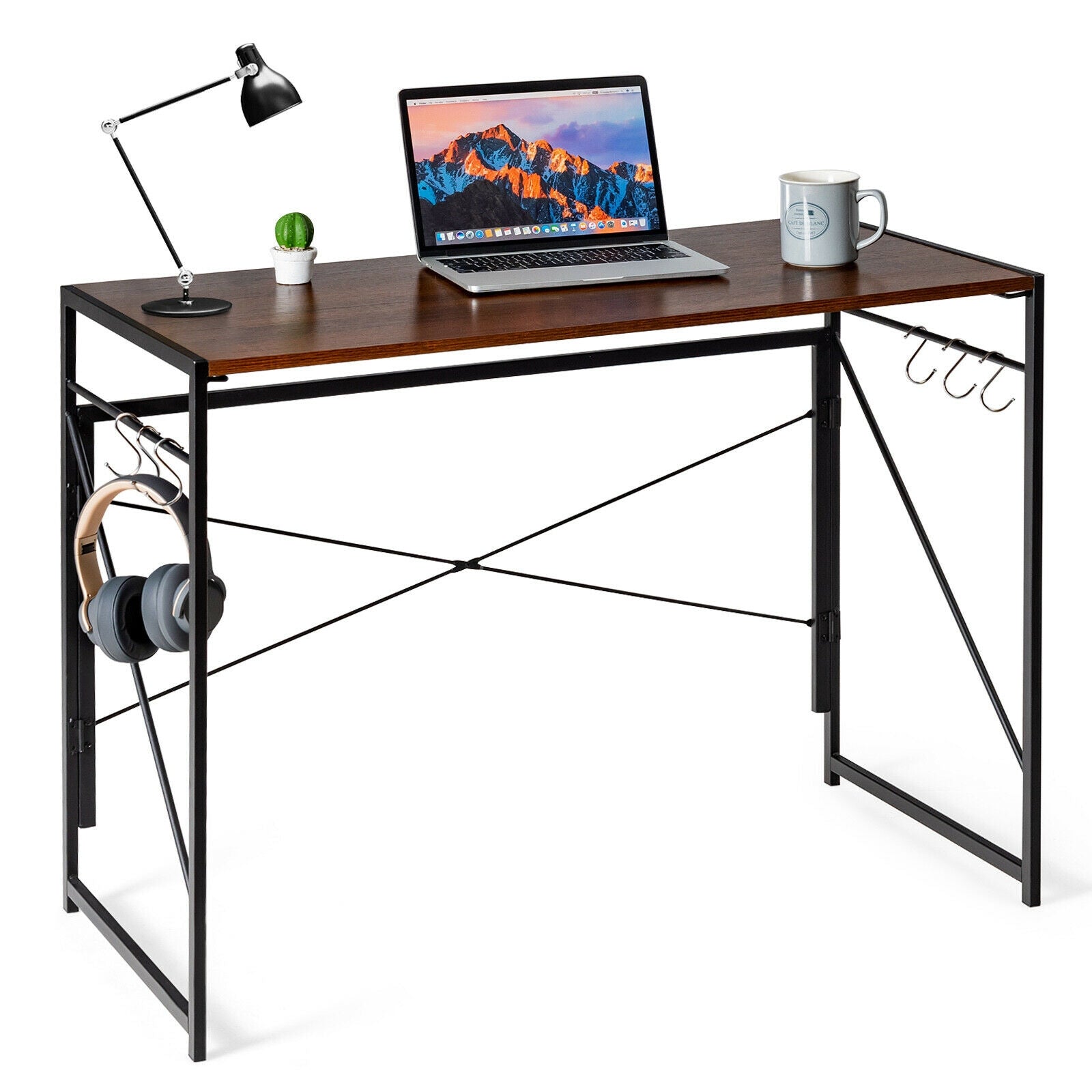 Folding Computer Desk Writing Study Desk Home Office with 6 Hooks-Brown