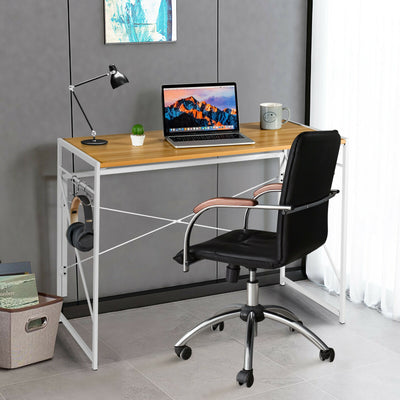 Folding Computer Desk Writing Study Desk Home Office with 6 Hooks-NaturalÂ 