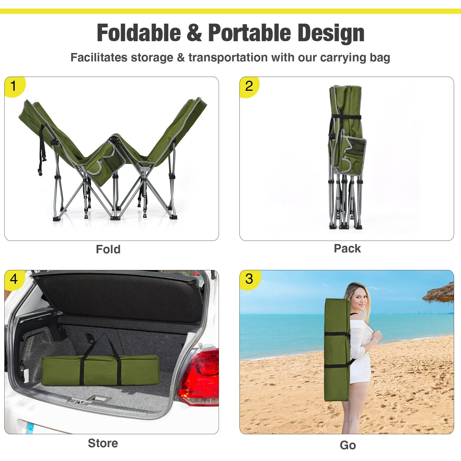 Folding Camping Cot with Side Storage Pocket Detachable Headrest-Green