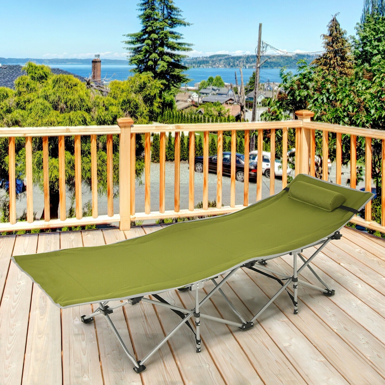 Folding Camping Cot with Side Storage Pocket Detachable Headrest-GreenÂ 