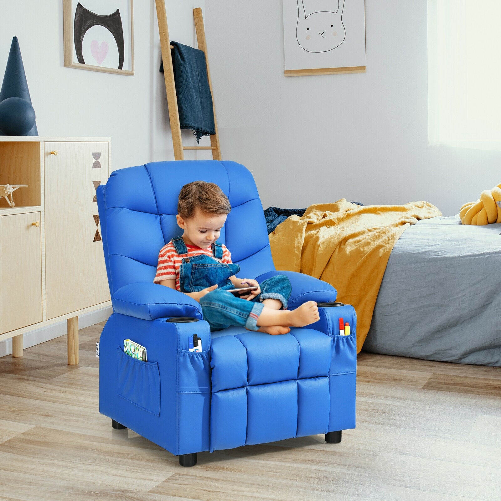 Kids Recliner Chair with Cup Holder and Footrest for Children-Blue