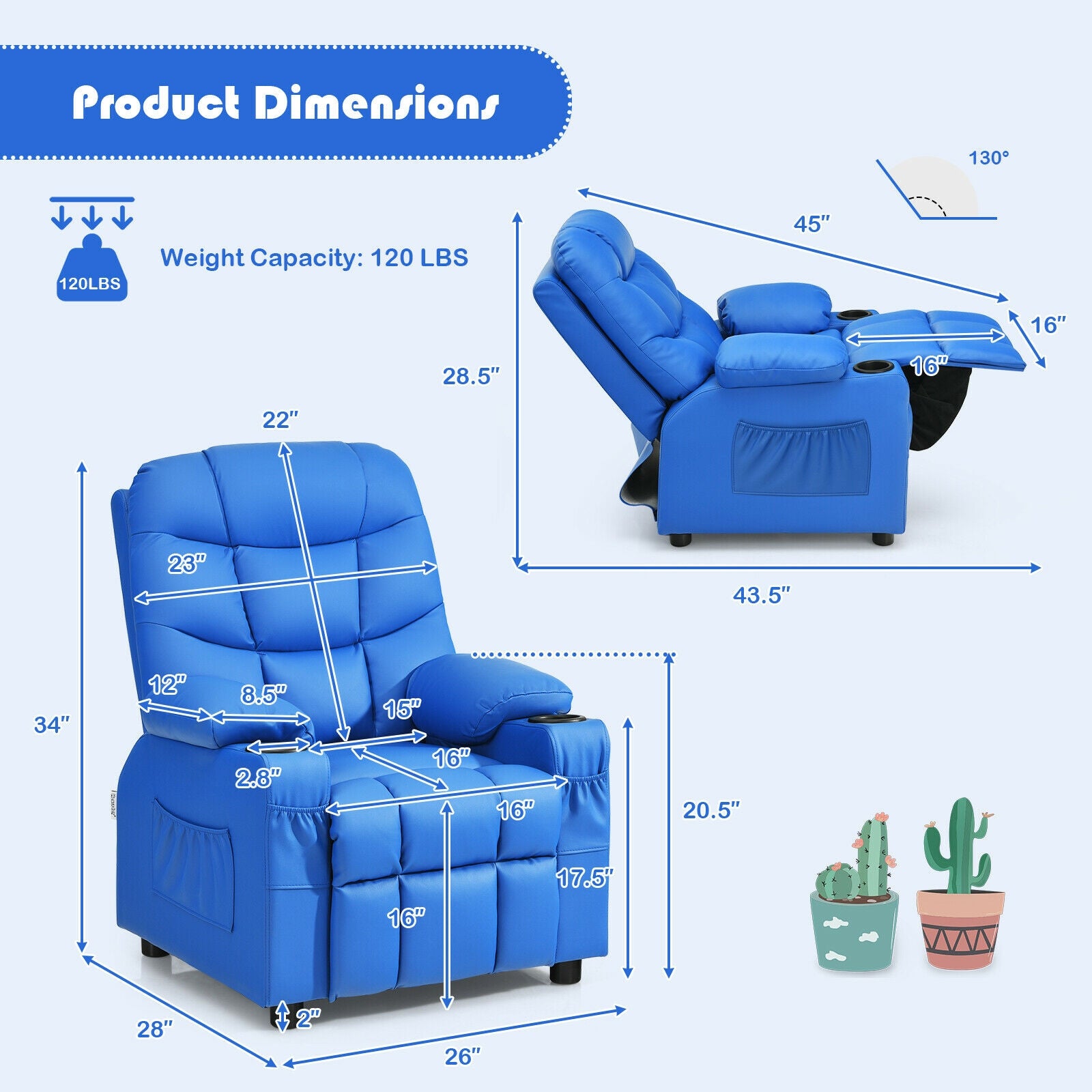 Kids Recliner Chair with Cup Holder and Footrest for Children-Blue