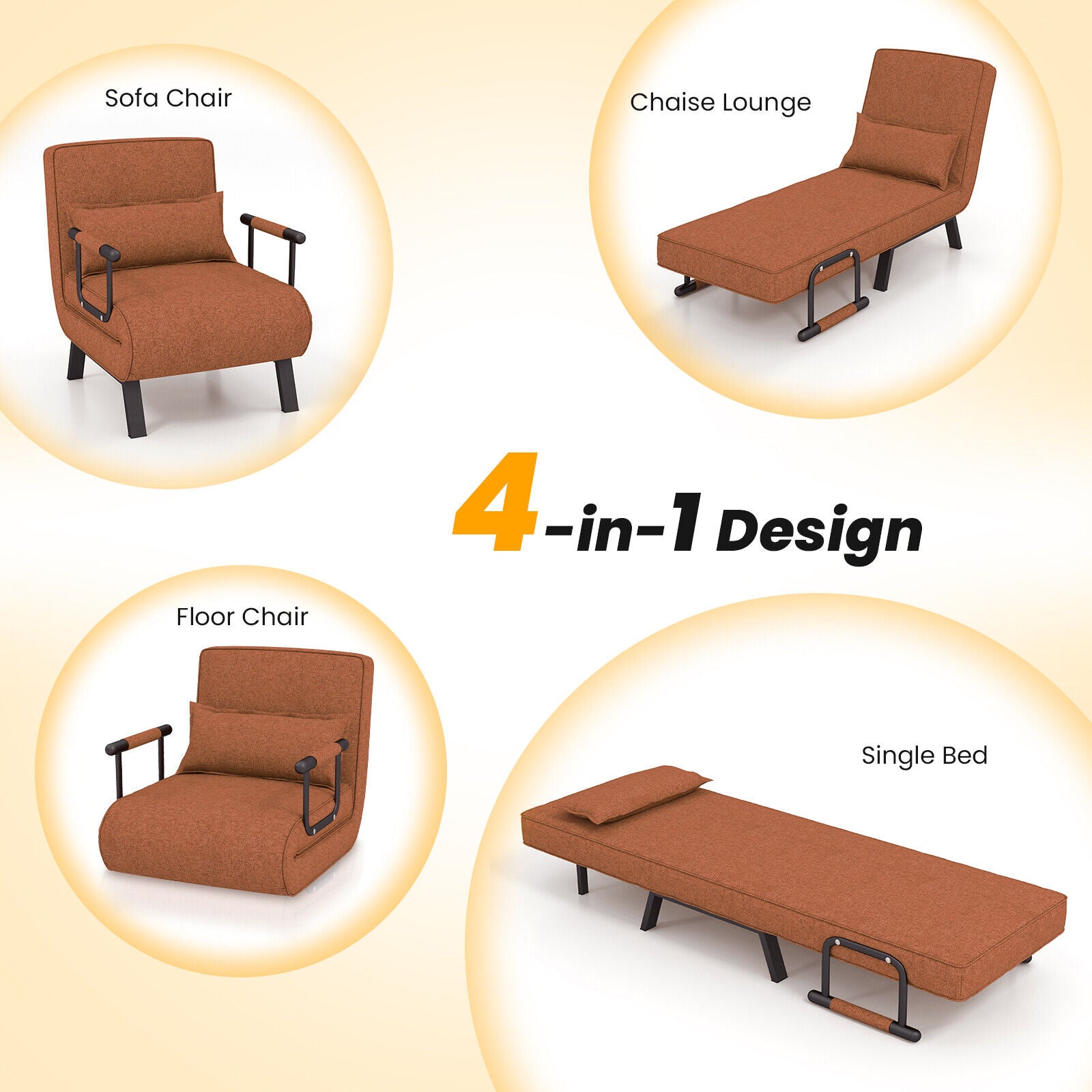 Folding 6 Position Convertible Sleeper Bed Armchair Lounge Couch with Pillow-CoffeeÂ 