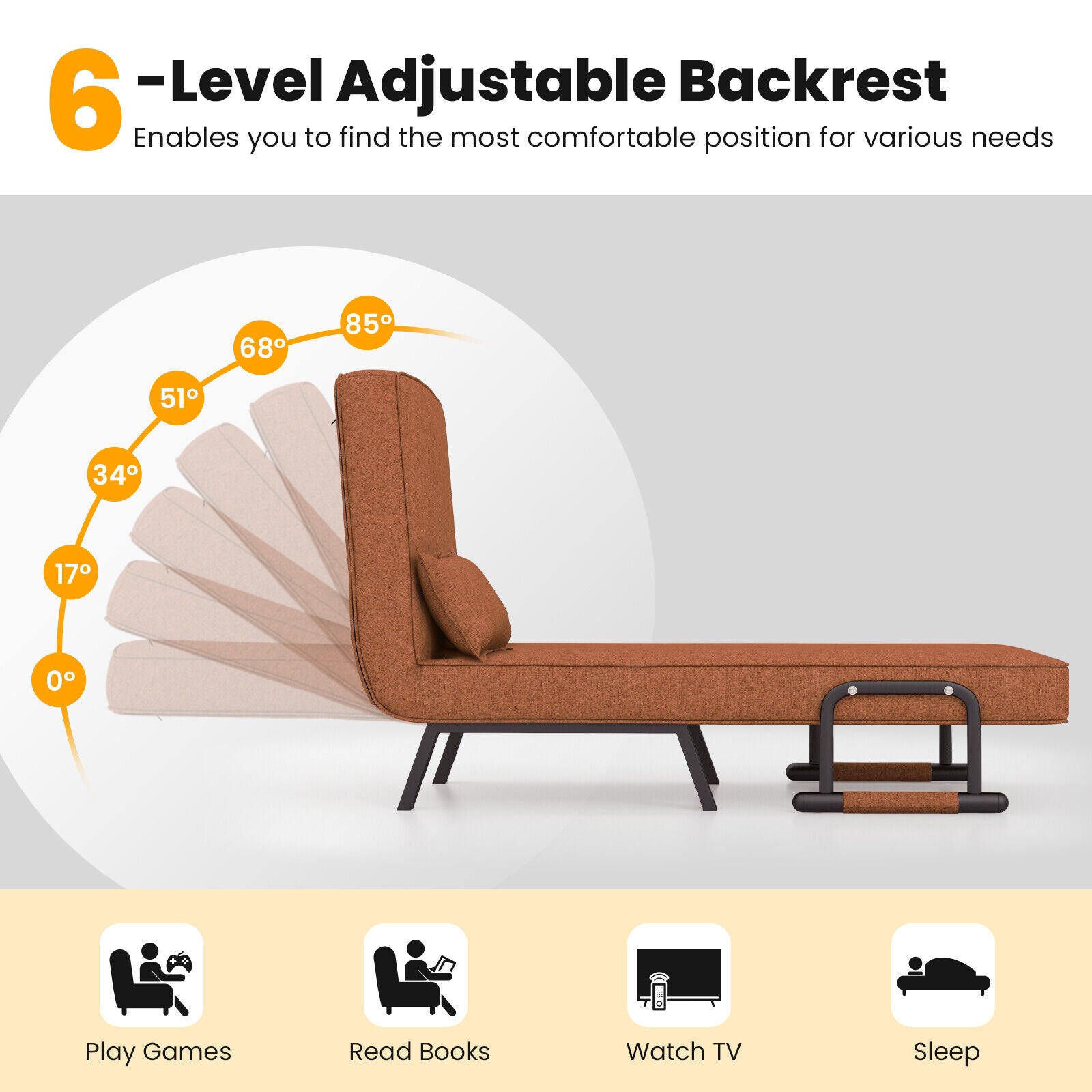 Folding 6 Position Convertible Sleeper Bed Armchair Lounge Couch with Pillow-CoffeeÂ 
