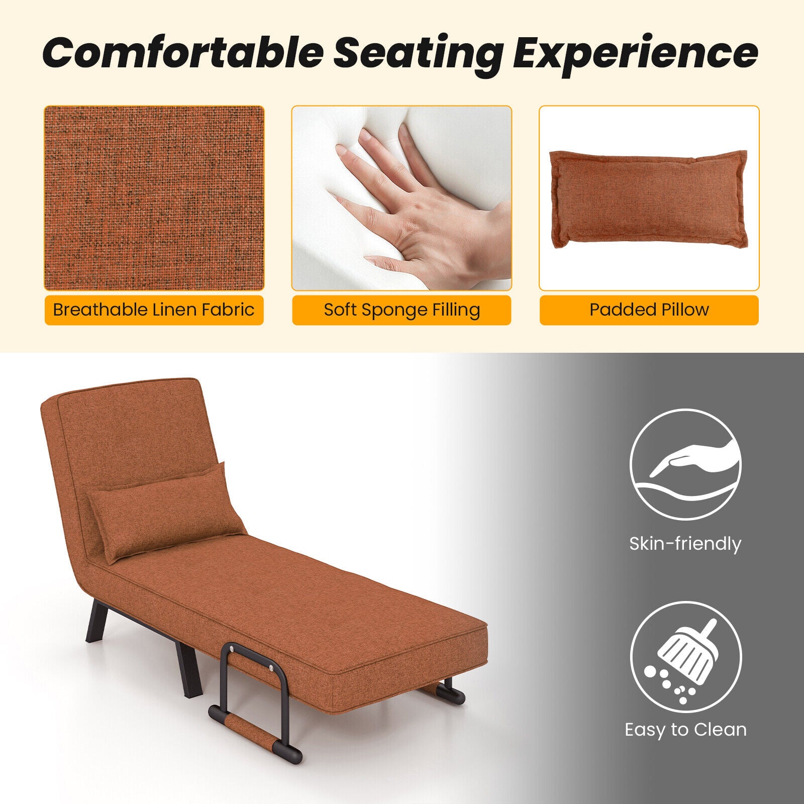 Folding 6 Position Convertible Sleeper Bed Armchair Lounge Couch with Pillow-CoffeeÂ 