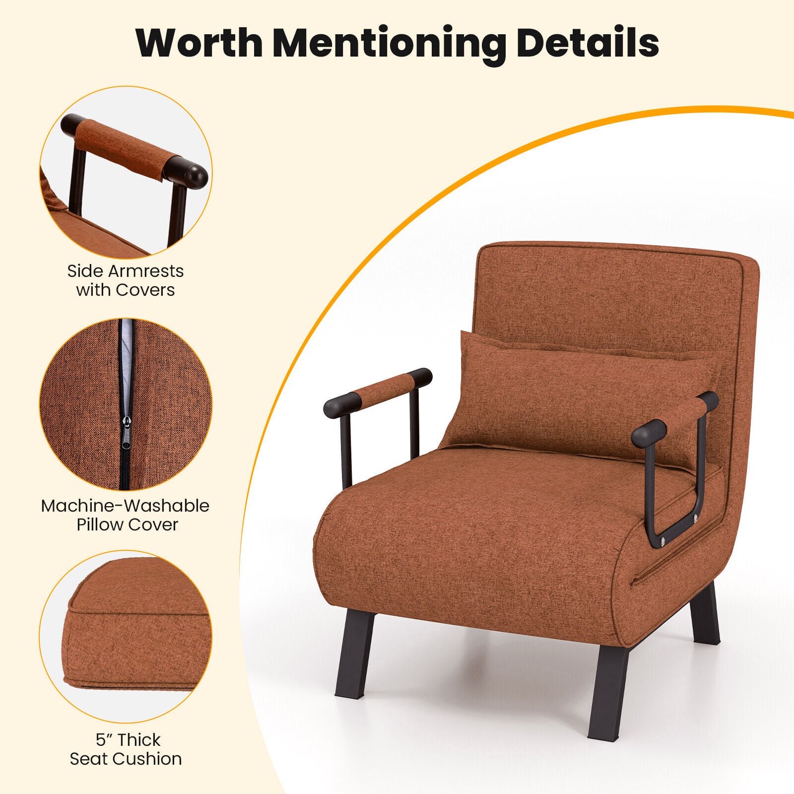 Folding 6 Position Convertible Sleeper Bed Armchair Lounge Couch with Pillow-CoffeeÂ 