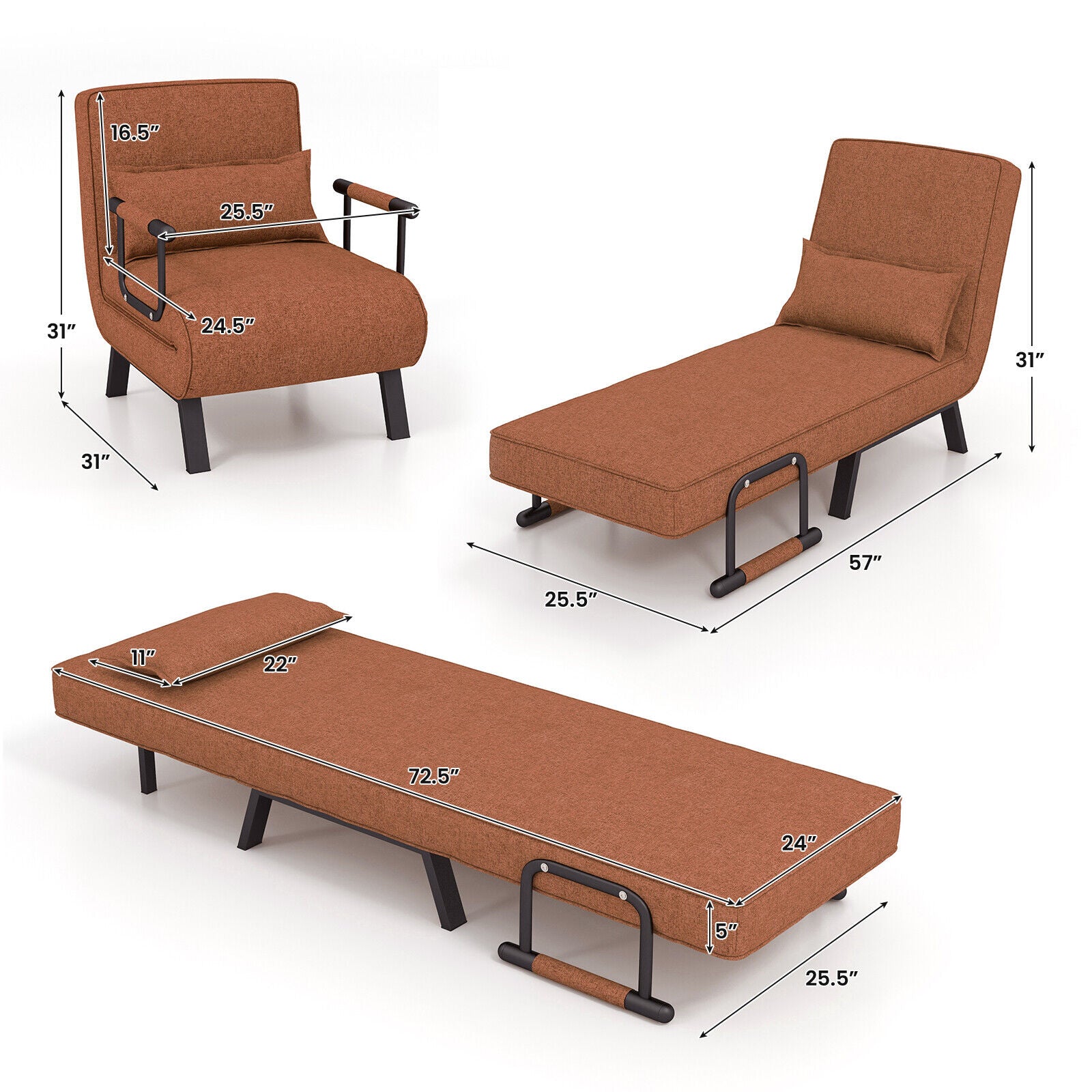 Folding 6 Position Convertible Sleeper Bed Armchair Lounge Couch with Pillow-CoffeeÂ 