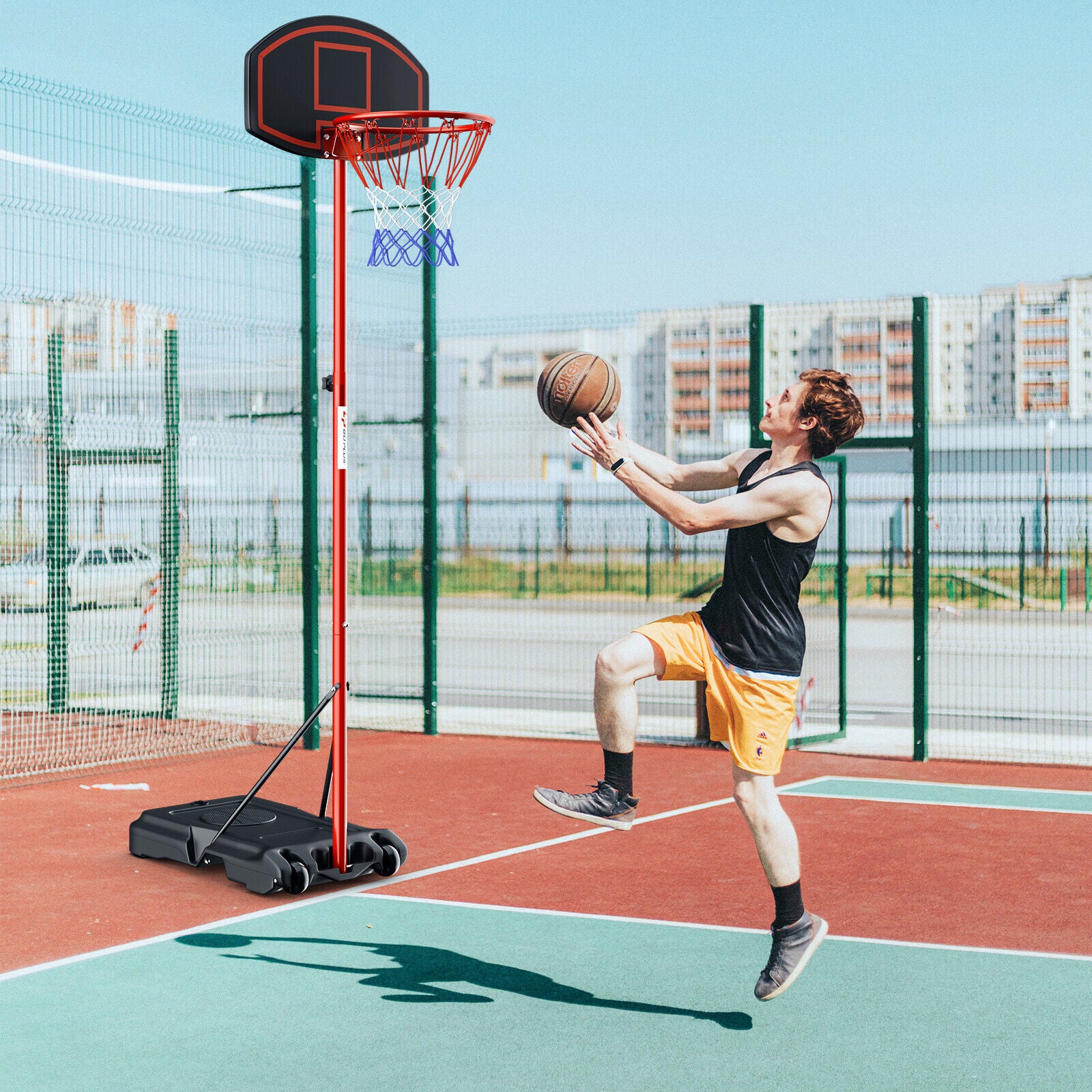 Adjustable Basketball Hoop System Stand Portable with 2 Wheels Fillable Base-Black & Red