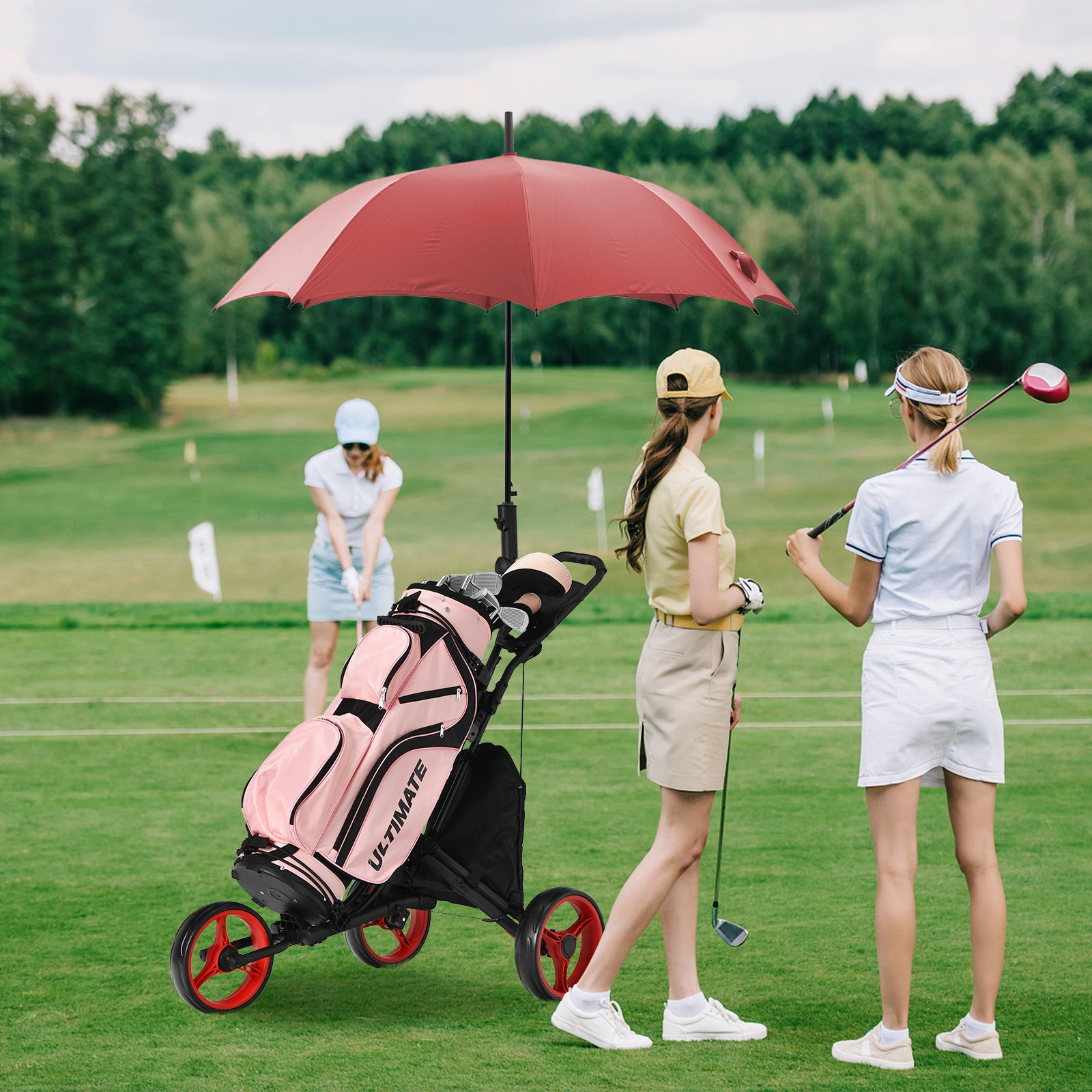Folding 3 Wheels Golf Push Cart with Bag Scoreboard Adjustable Handle-RedÂ 