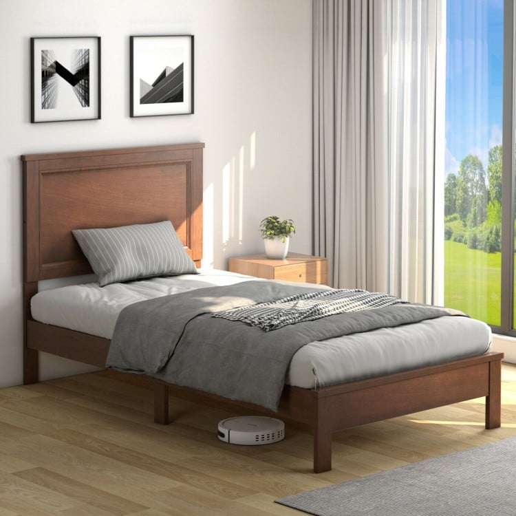 Twin Size Wooden Bed Frame with Headboard and Slat Support-Walnut