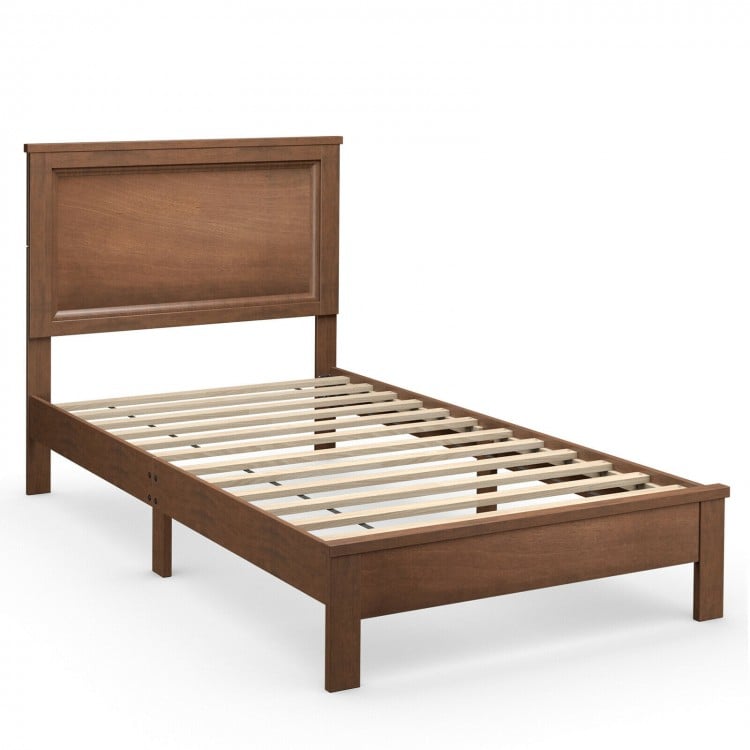 Twin Size Wooden Bed Frame with Headboard and Slat Support-Walnut