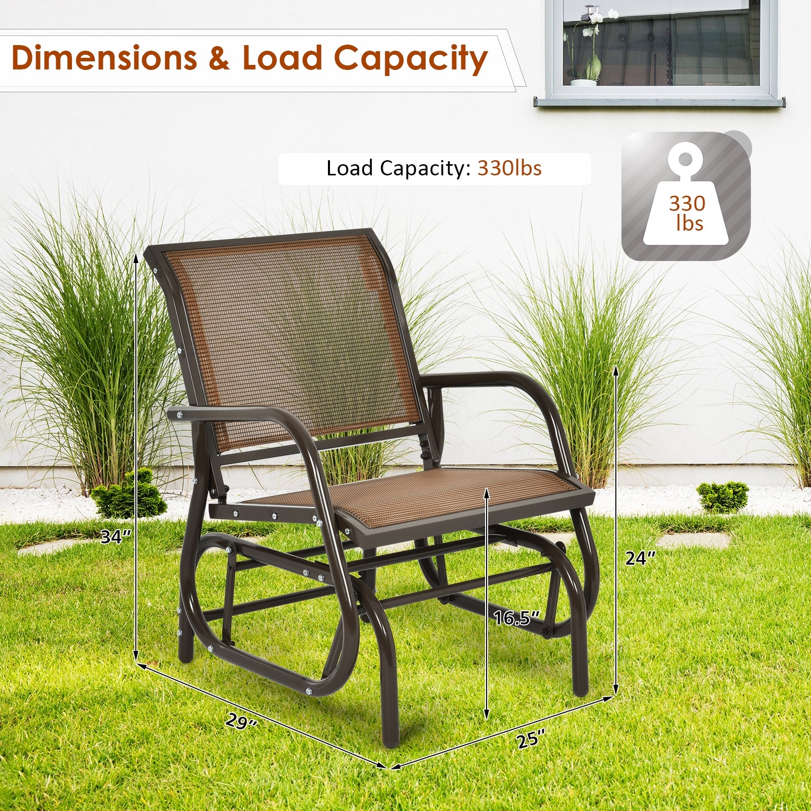 Outdoor Single Swing Glider Rocking Chair with Armrest-Brown