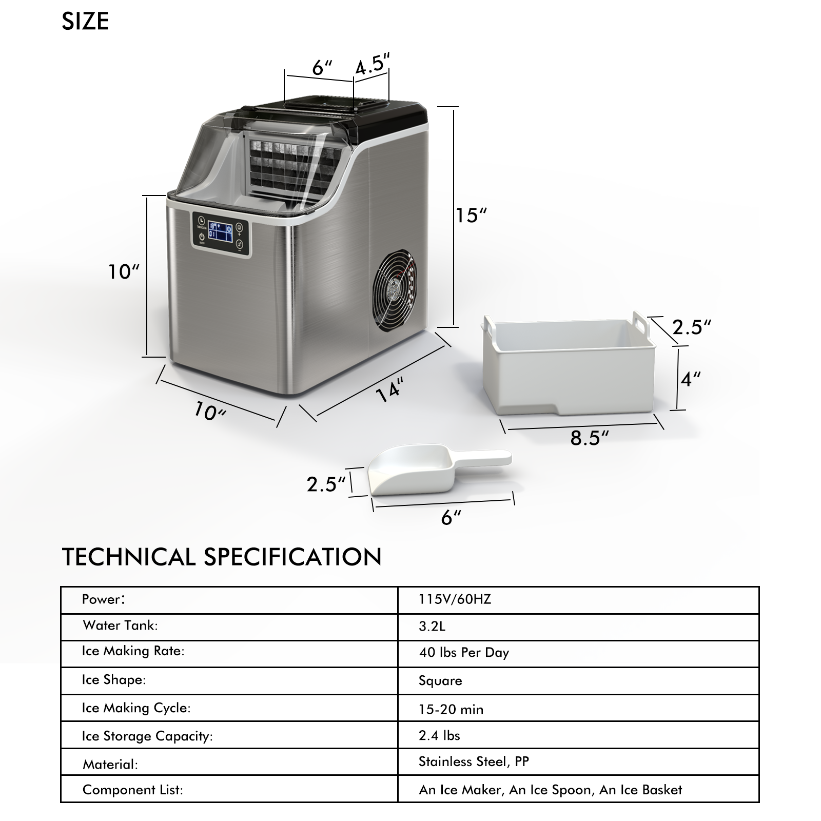 Electric Countertop Ice Maker with Ice Scoop and Basket-Sliver