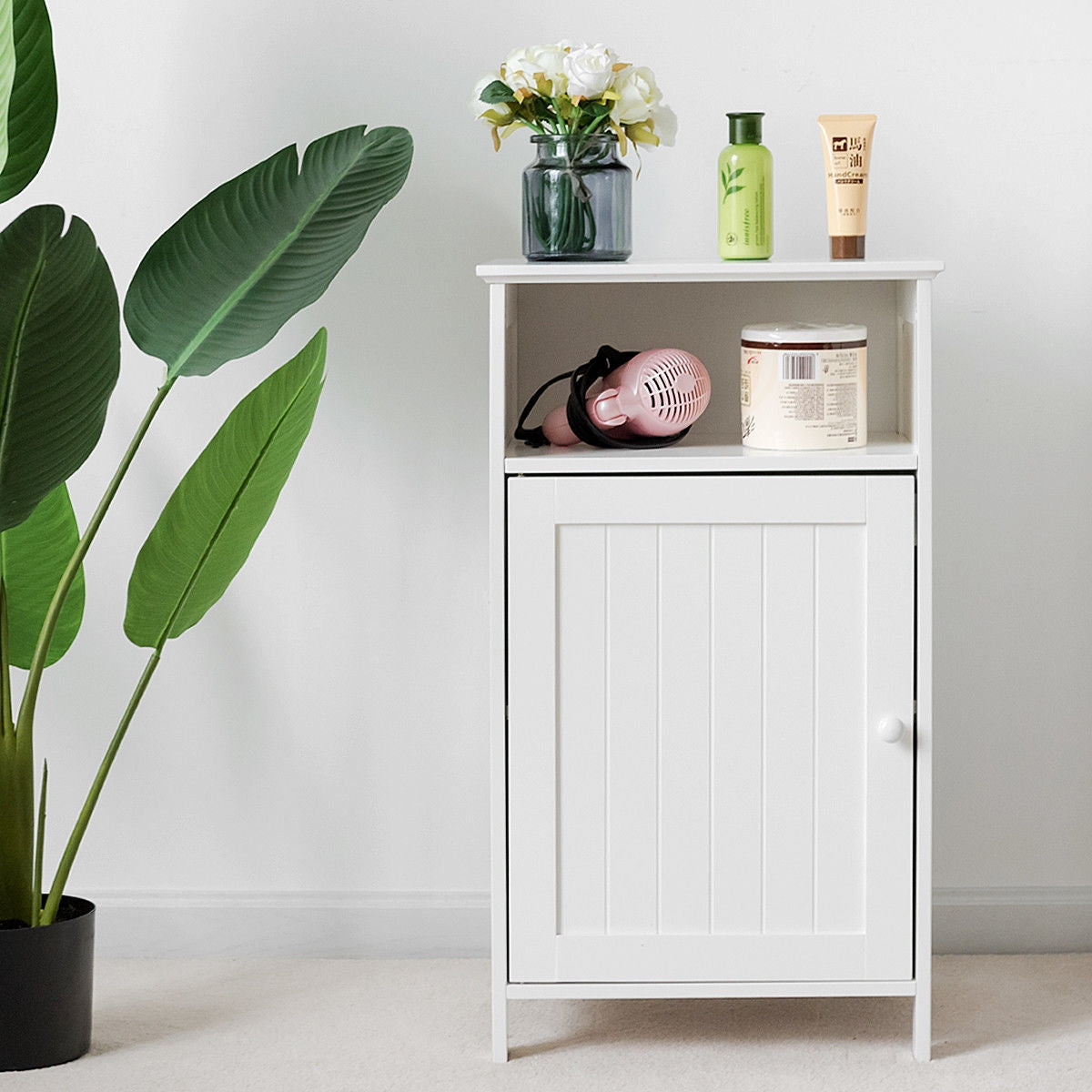 Bathroom Freestanding  Adjustable Shelf Floor Storage Cabinet-White