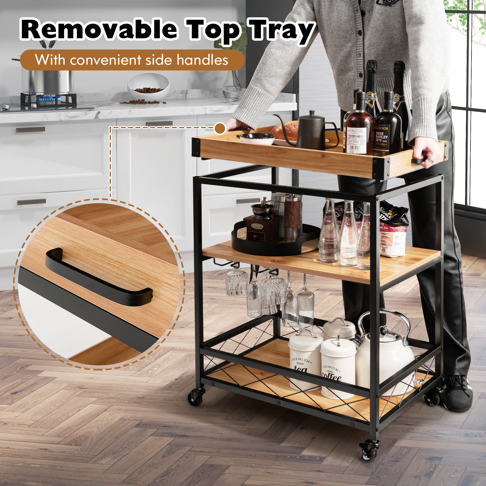 3 Tiers Industrial Bar Serving Cart with Utility Shelf and Handle Racks