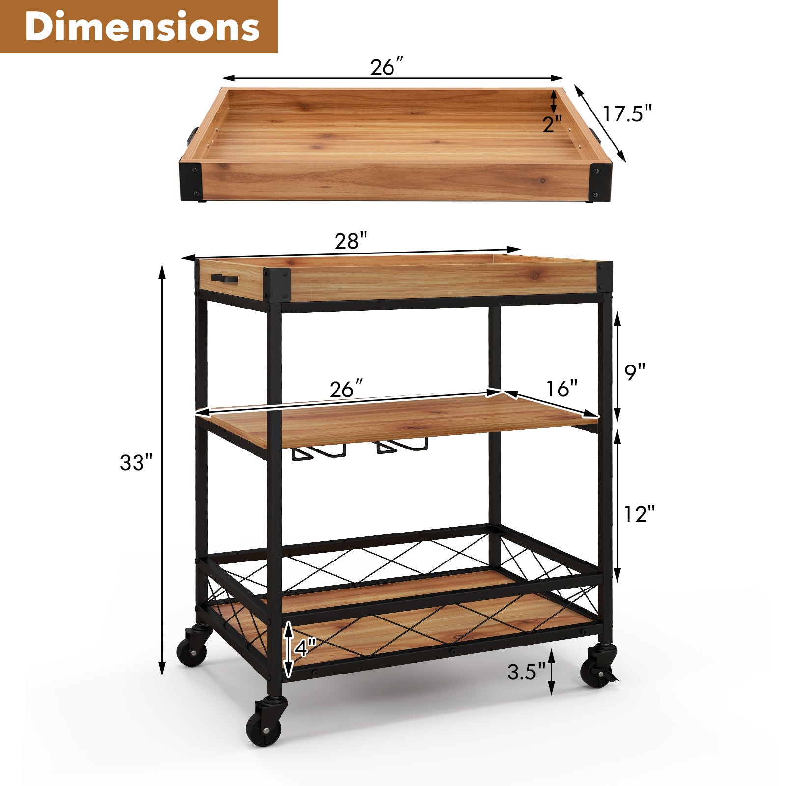 3 Tiers Industrial Bar Serving Cart with Utility Shelf and Handle RacksÂ 