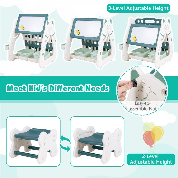 3-In-1 Double Sided Magnetic Dry-Erase Board with Stool and Flipped Writing Desktop-Green