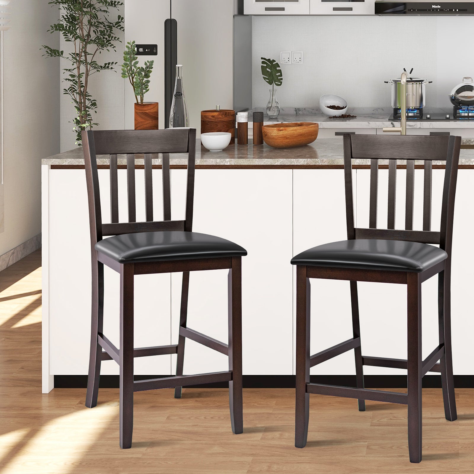 25 Inches Set of 2 Bar Stools with Rubber Wood Legs 