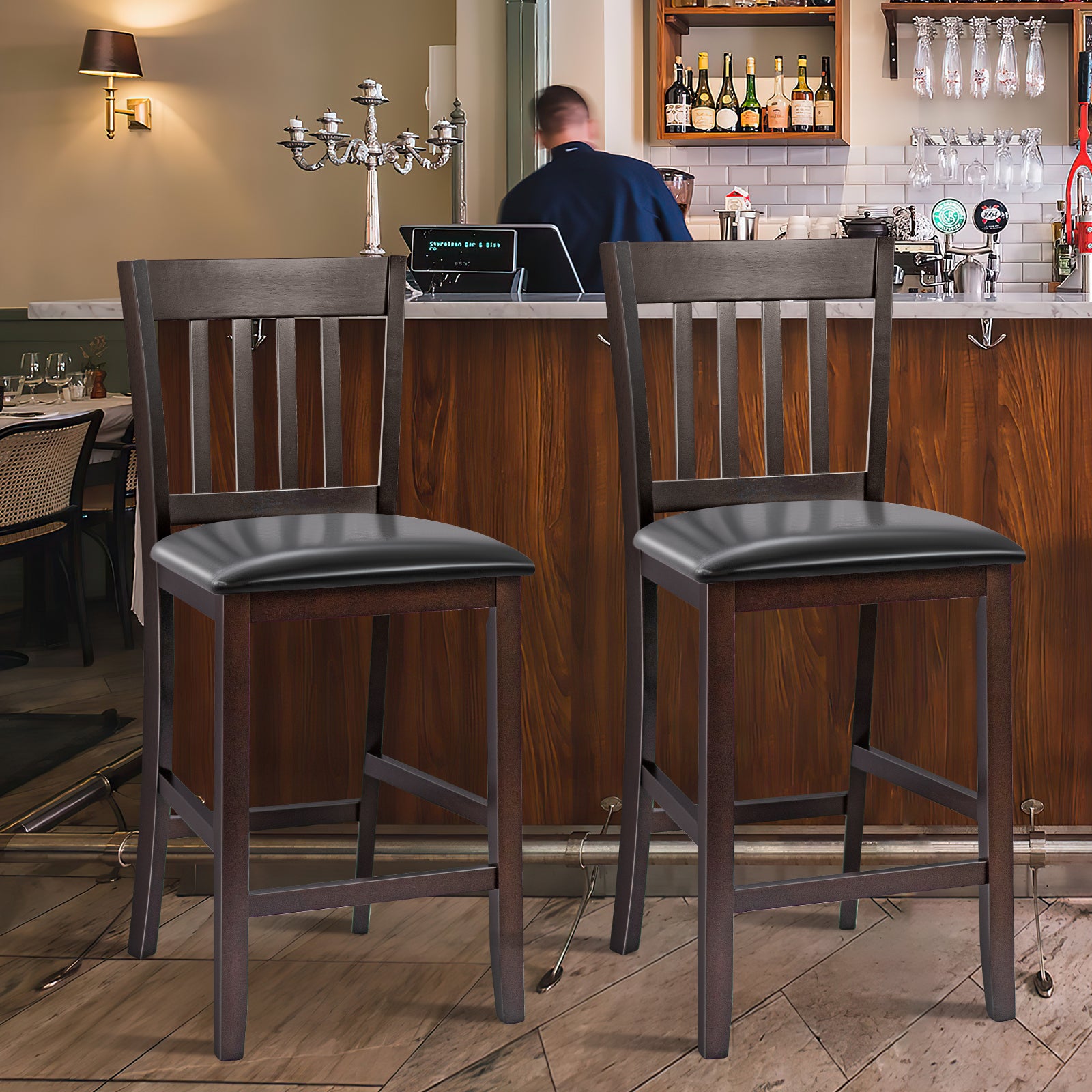 25 Inches Set of 2 Bar Stools with Rubber Wood Legs 