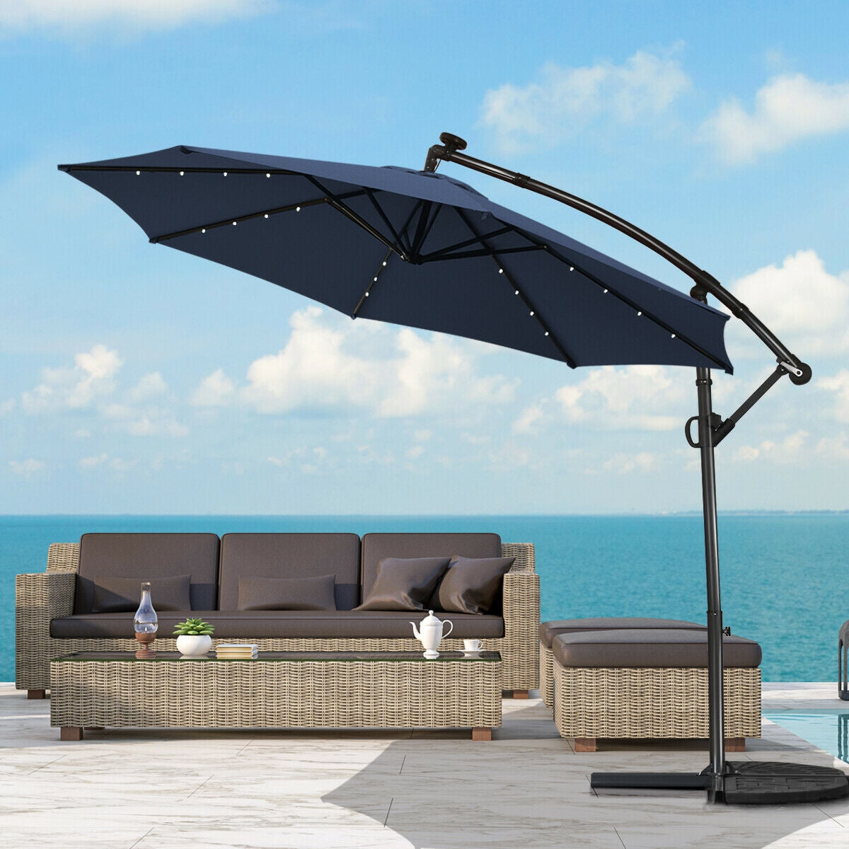 10 FT 360Â° Rotation Solar Powered LED Patio Offset Umbrella without Weight Base-NavyÂ 