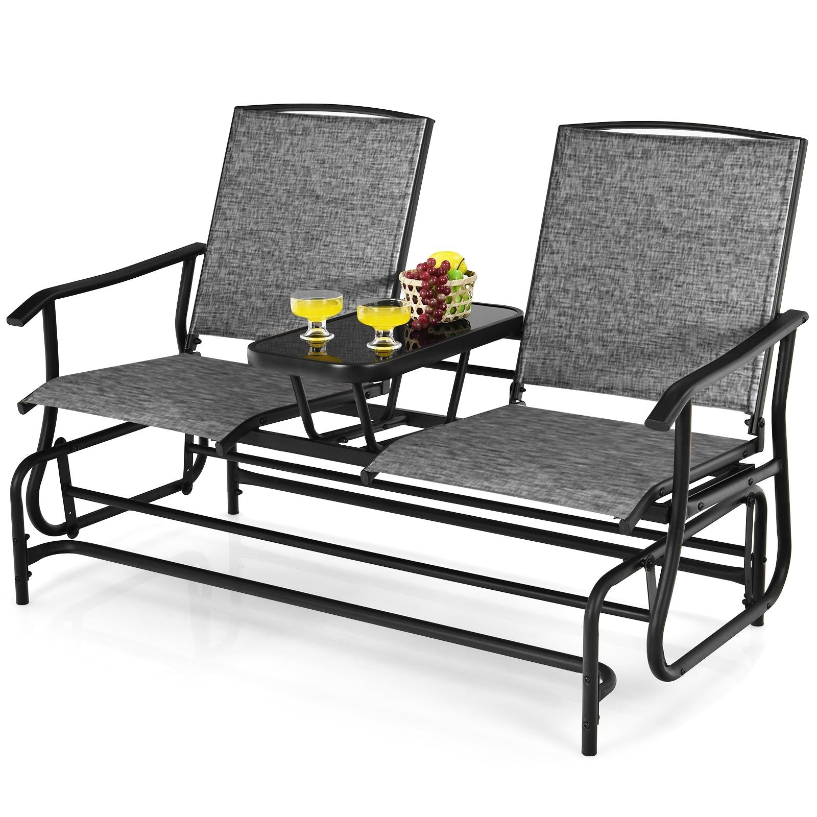 2-Person Double Rocking Loveseat with Mesh Fabric and Center Tempered Glass Table-GrayÂ 