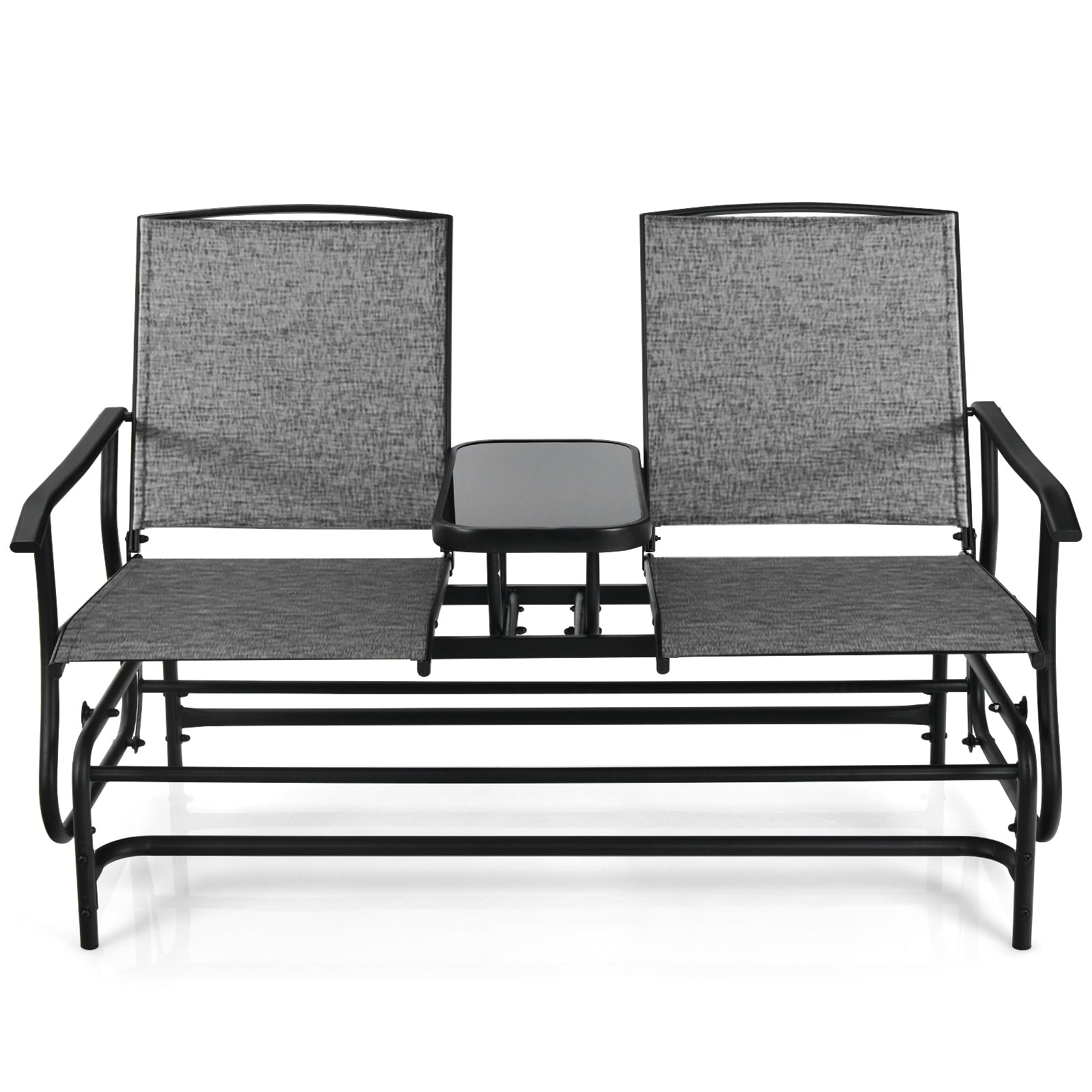 2-Person Double Rocking Loveseat with Mesh Fabric and Center Tempered Glass Table-GrayÂ 