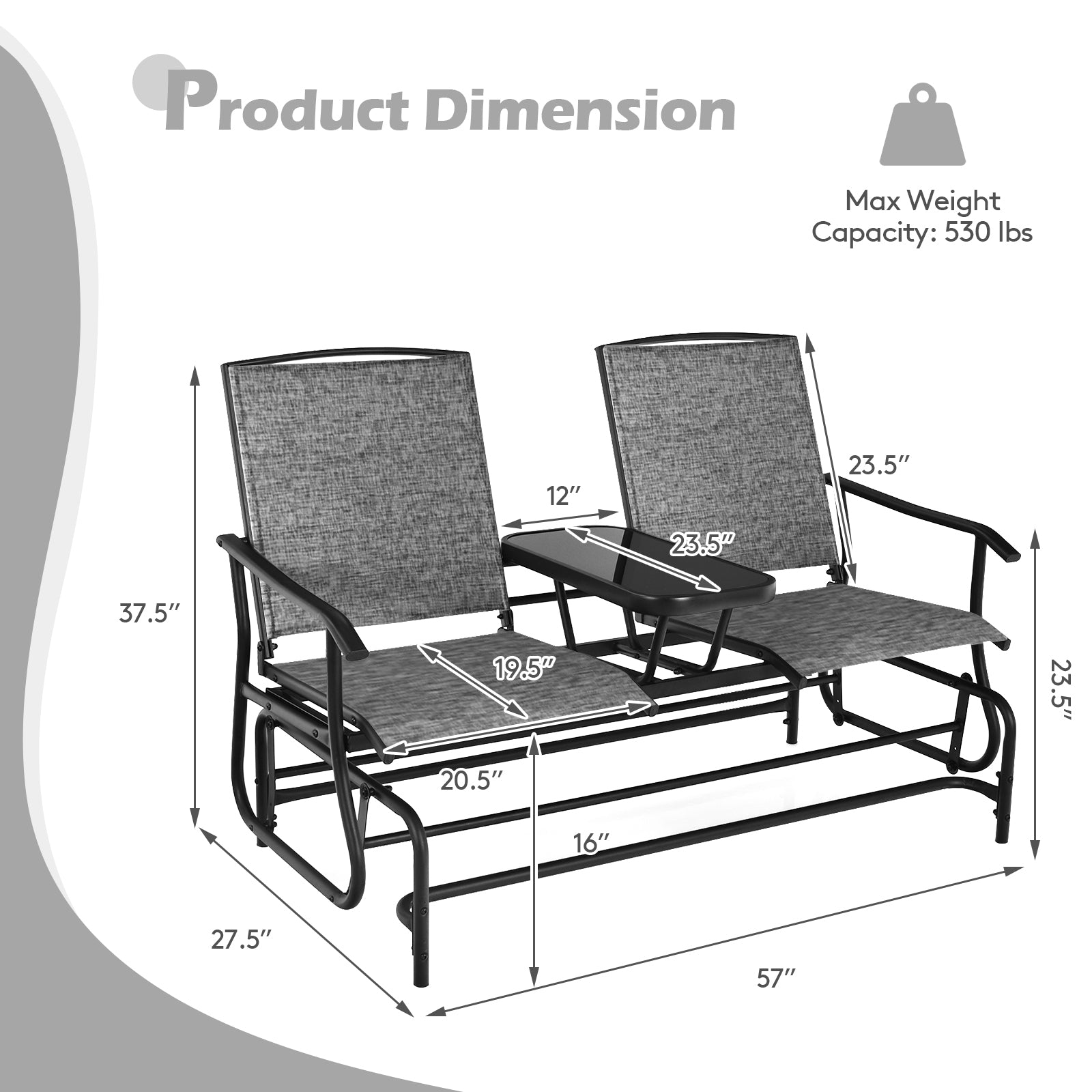 2-Person Double Rocking Loveseat with Mesh Fabric and Center Tempered Glass Table-GrayÂ 