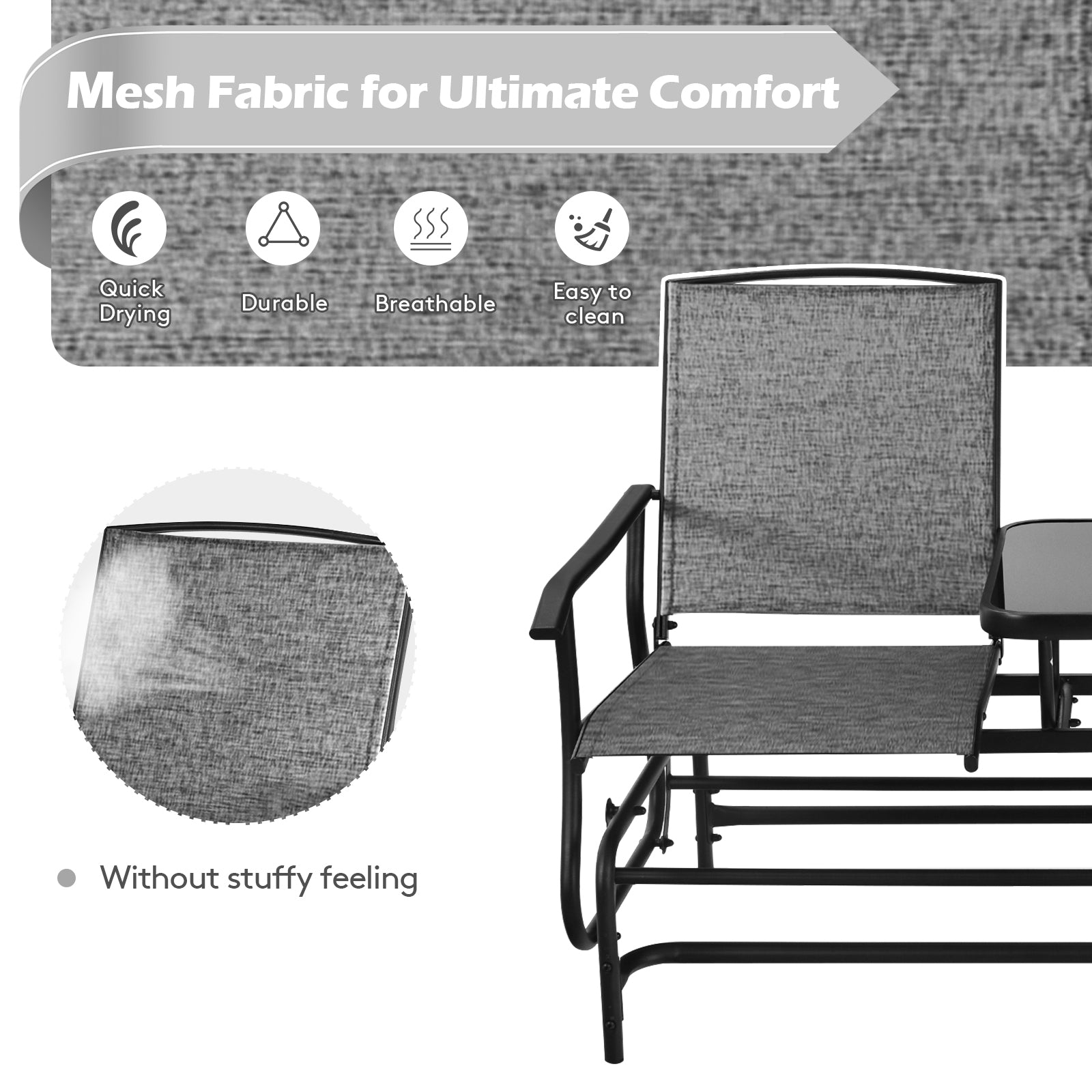 2-Person Double Rocking Loveseat with Mesh Fabric and Center Tempered Glass Table-GrayÂ 