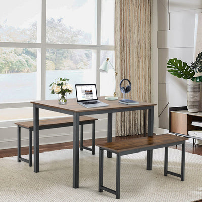 3 Pieces Dining Table Set with 2 Benches for Dining Room Kitchen Bar-BrownÂ 