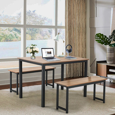 3 Pieces Dining Table Set with 2 Benches for Dining Room Kitchen Bar-NaturalÂ 
