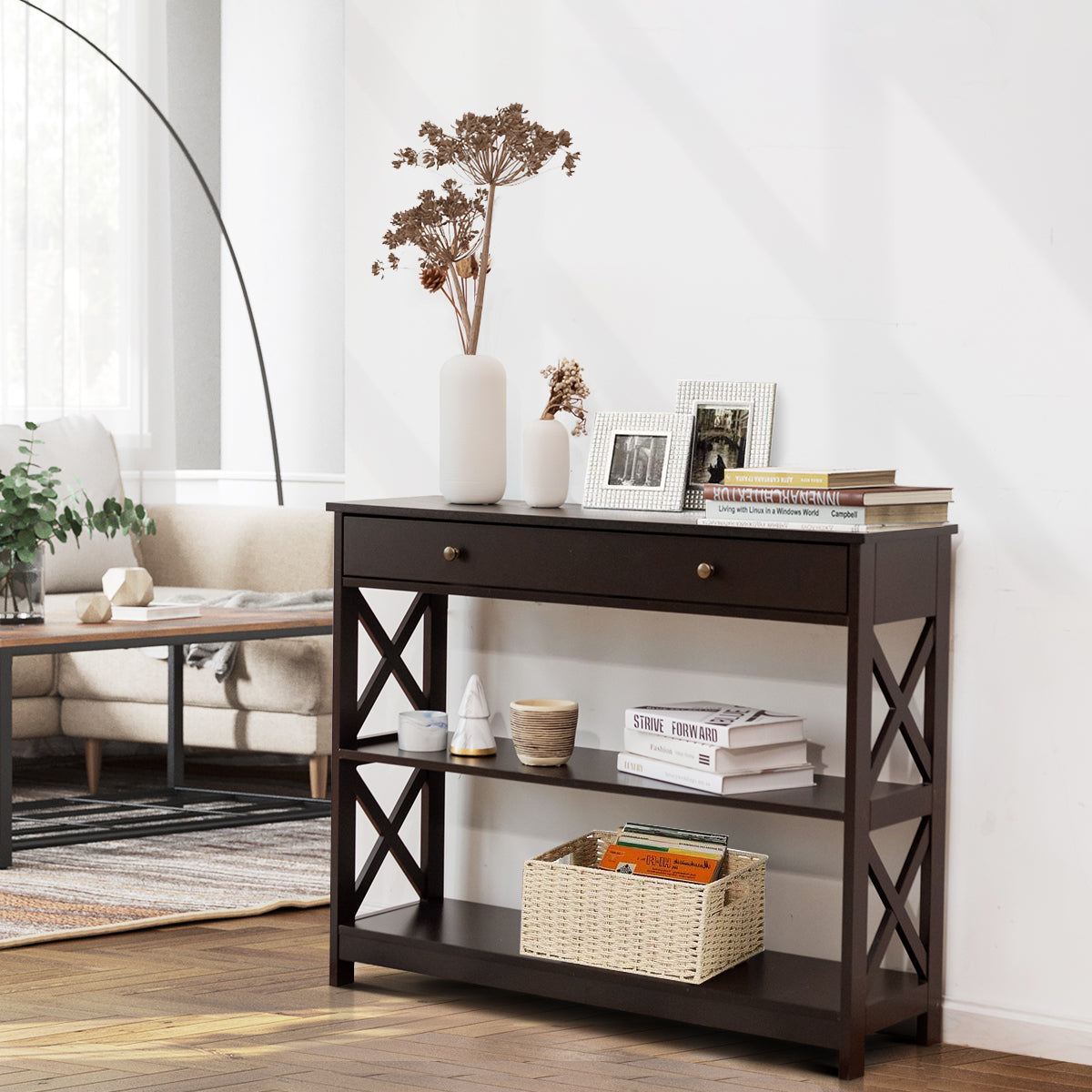 Console Table 3-Tier with Drawer and Storage Shelves-Dark Brown