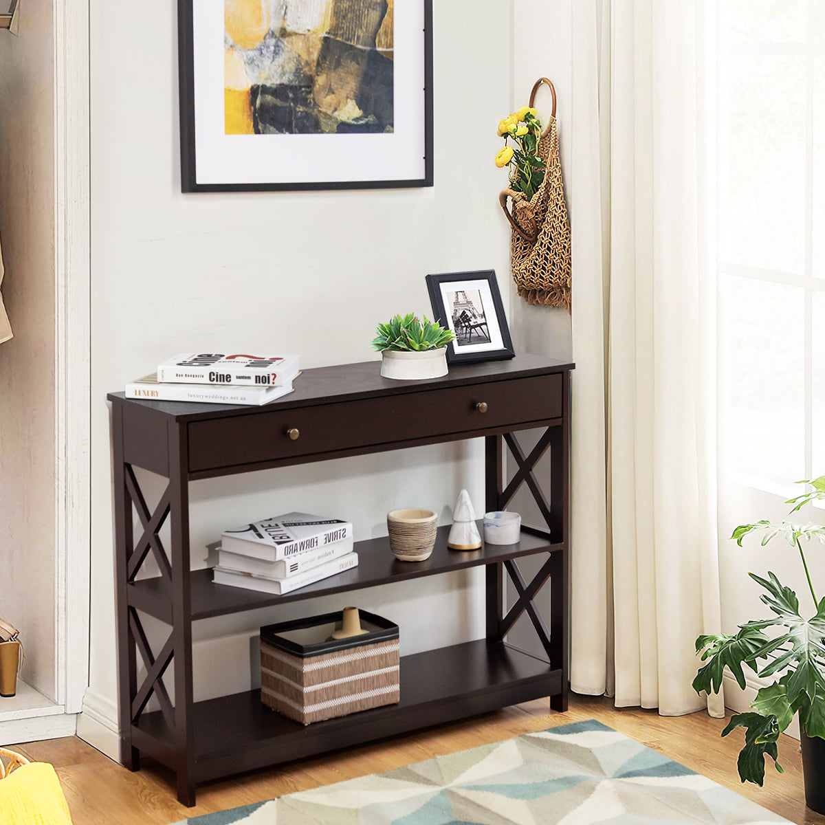 Console Table 3-Tier with Drawer and Storage Shelves-Dark BrownÂ 