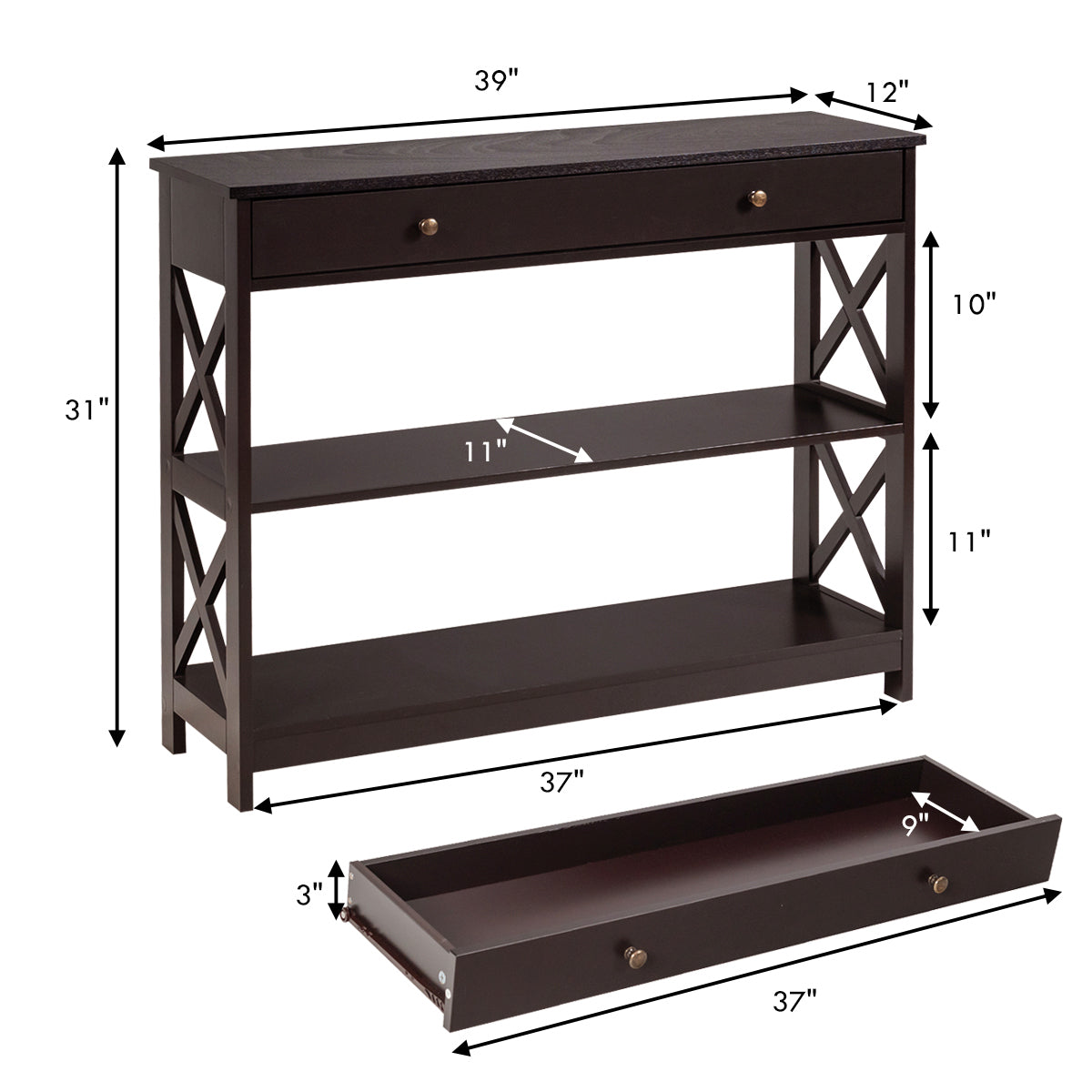 Console Table 3-Tier with Drawer and Storage Shelves-Dark BrownÂ 