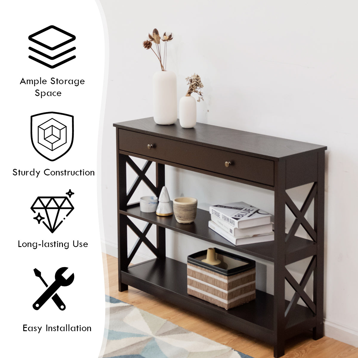 Console Table 3-Tier with Drawer and Storage Shelves-Dark BrownÂ 