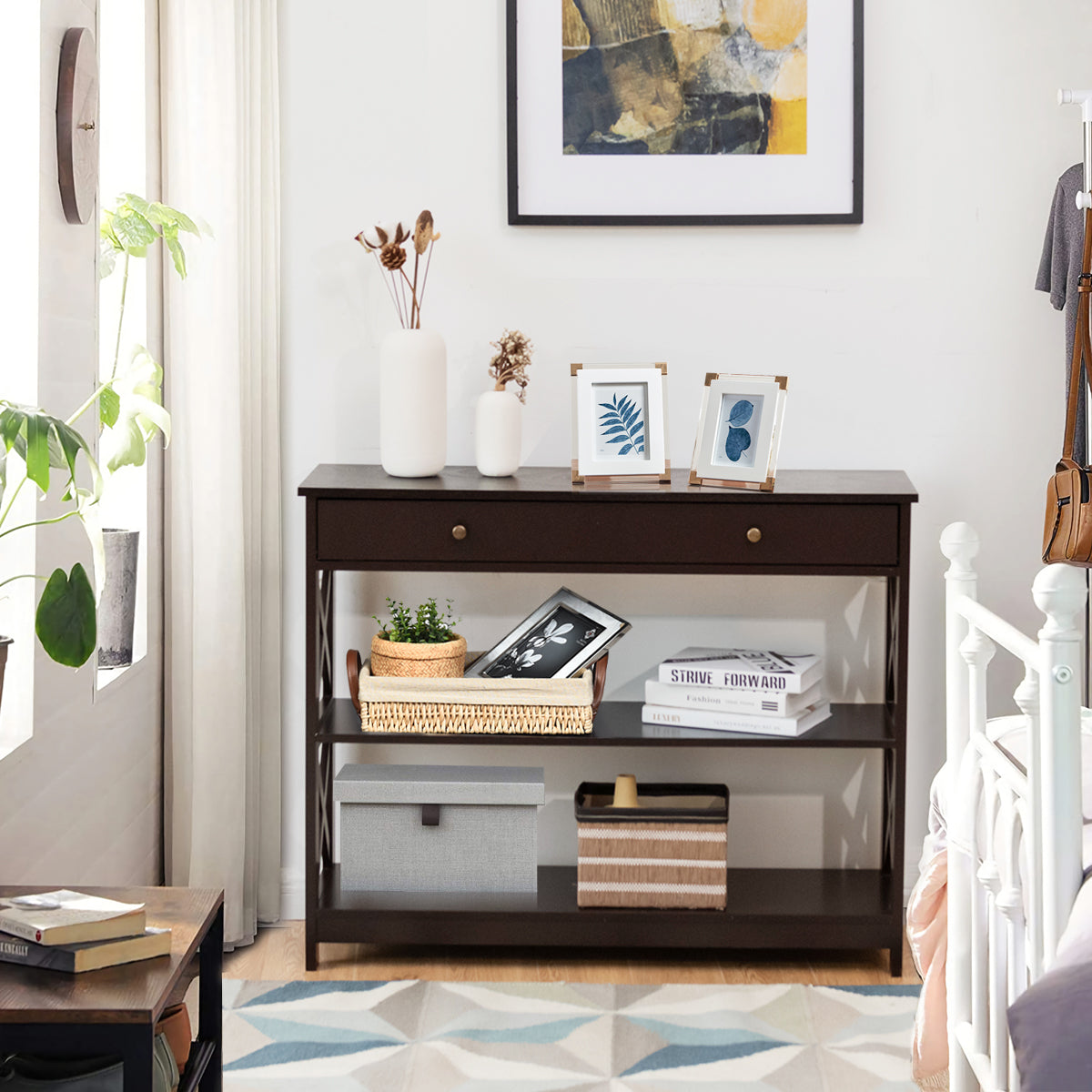 Console Table 3-Tier with Drawer and Storage Shelves-Dark Brown