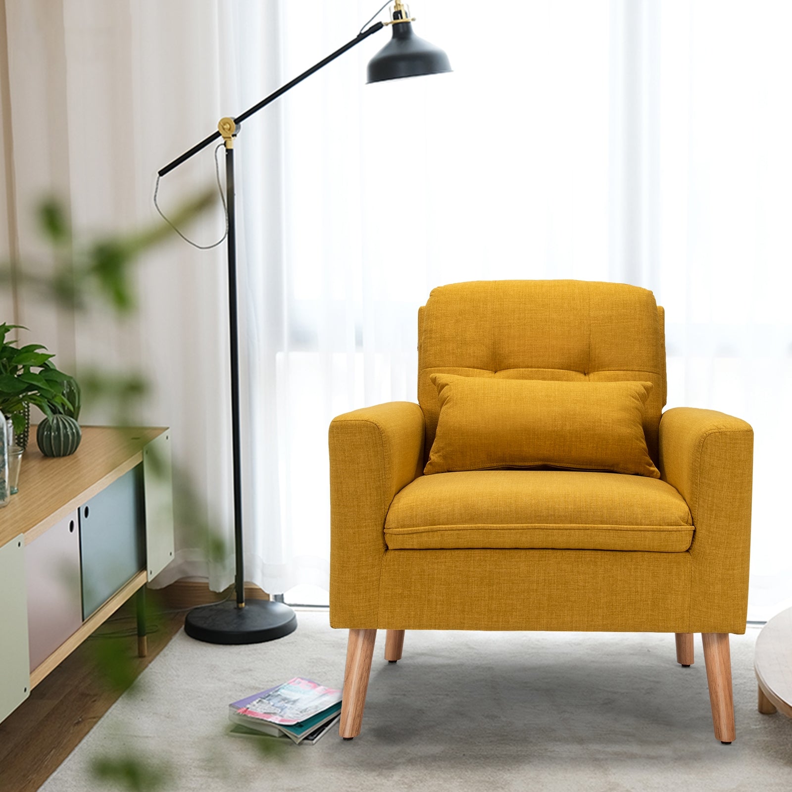 Linen Fabric Single Sofa Armchair with Waist Pillow for Living Room-Yellow