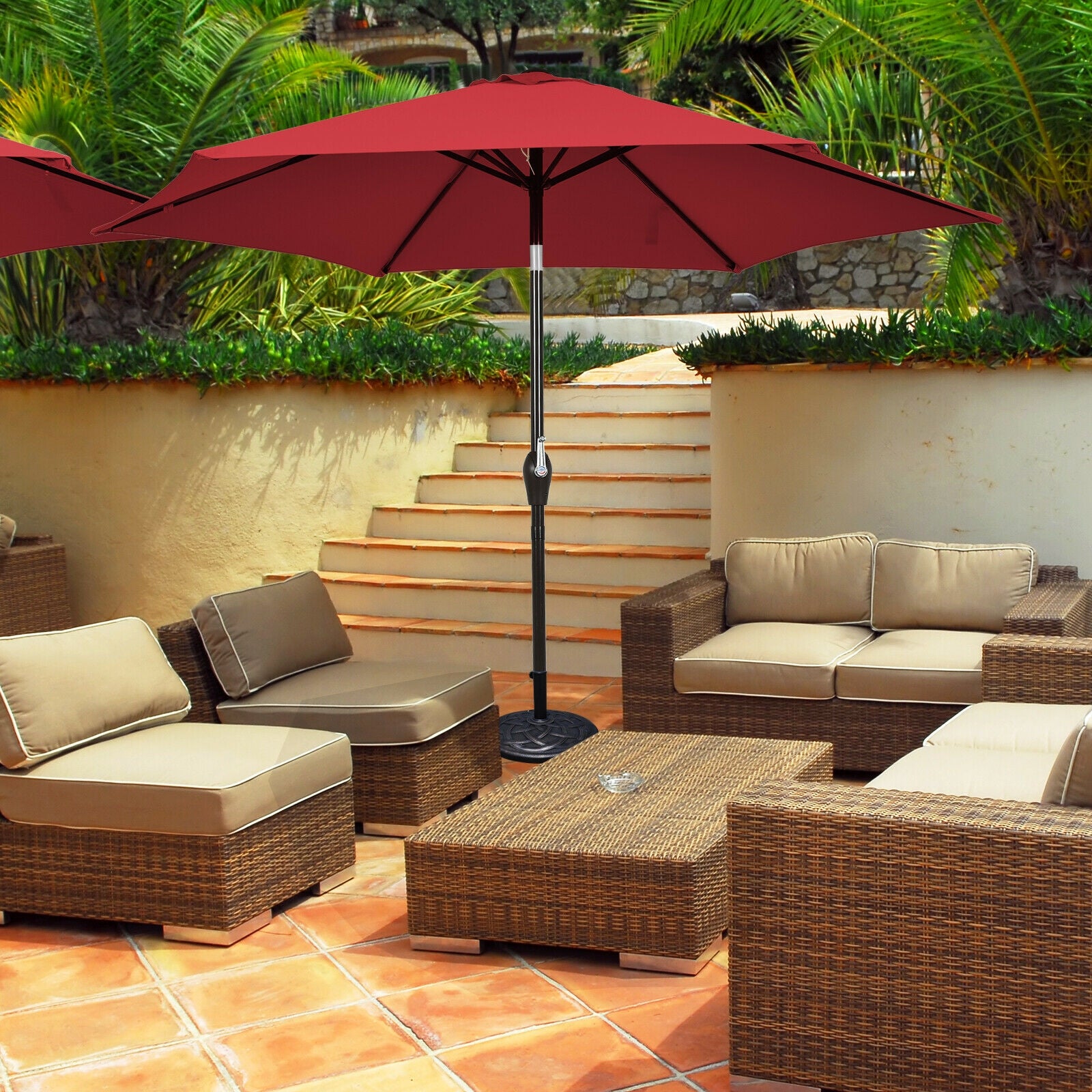 9FT Patio Umbrella Patio Market Steel Tilt W/ Crank Outdoor Yard Garden-BurgundyÂ 